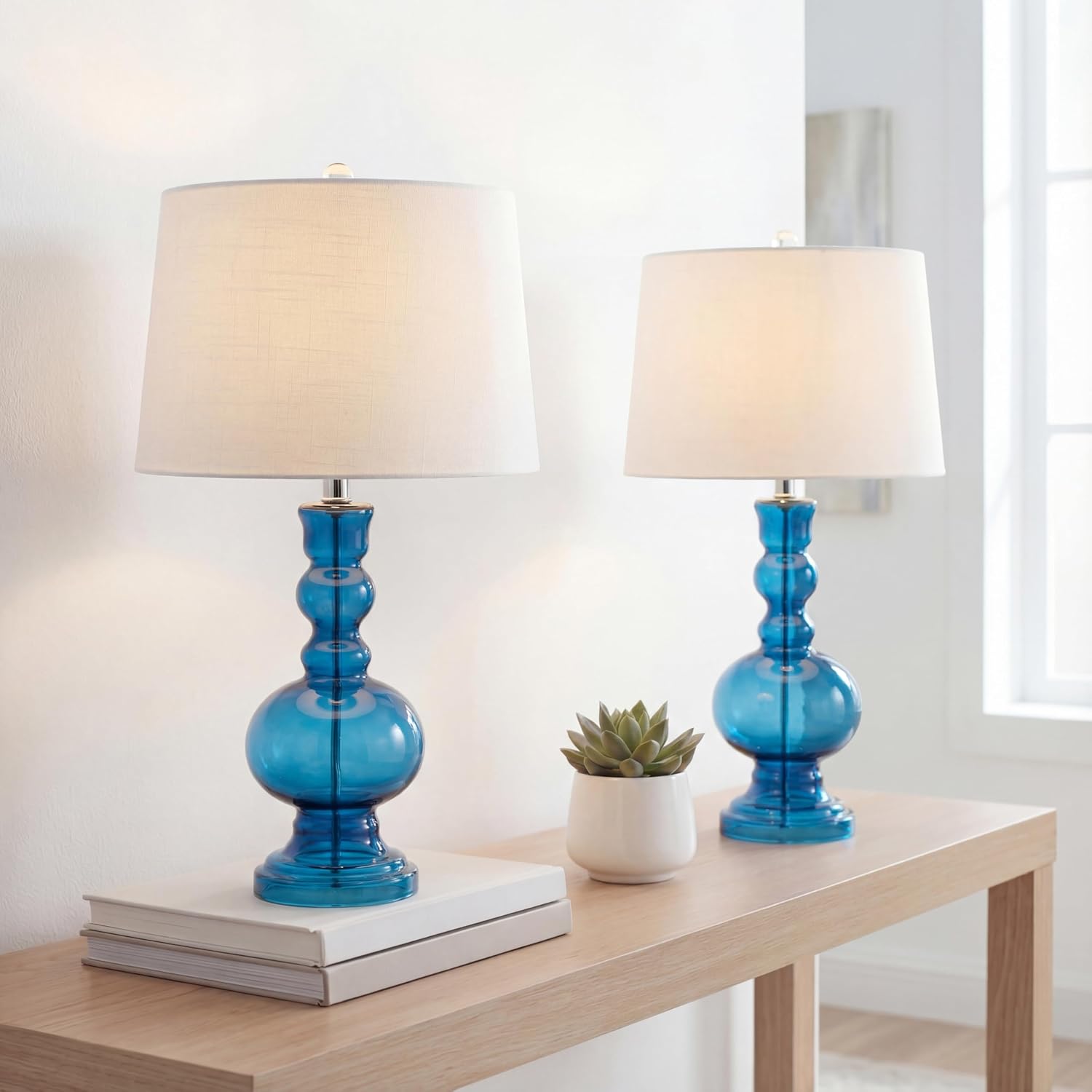 JONATHAN Y 28.5' Night Blue Glass Table Lamp Set of 2 for Living Room Bedroom Decor, Modern Bedside Lamps with White Linen Shade, LED Bulbs Included (JYL1061C-SET2)