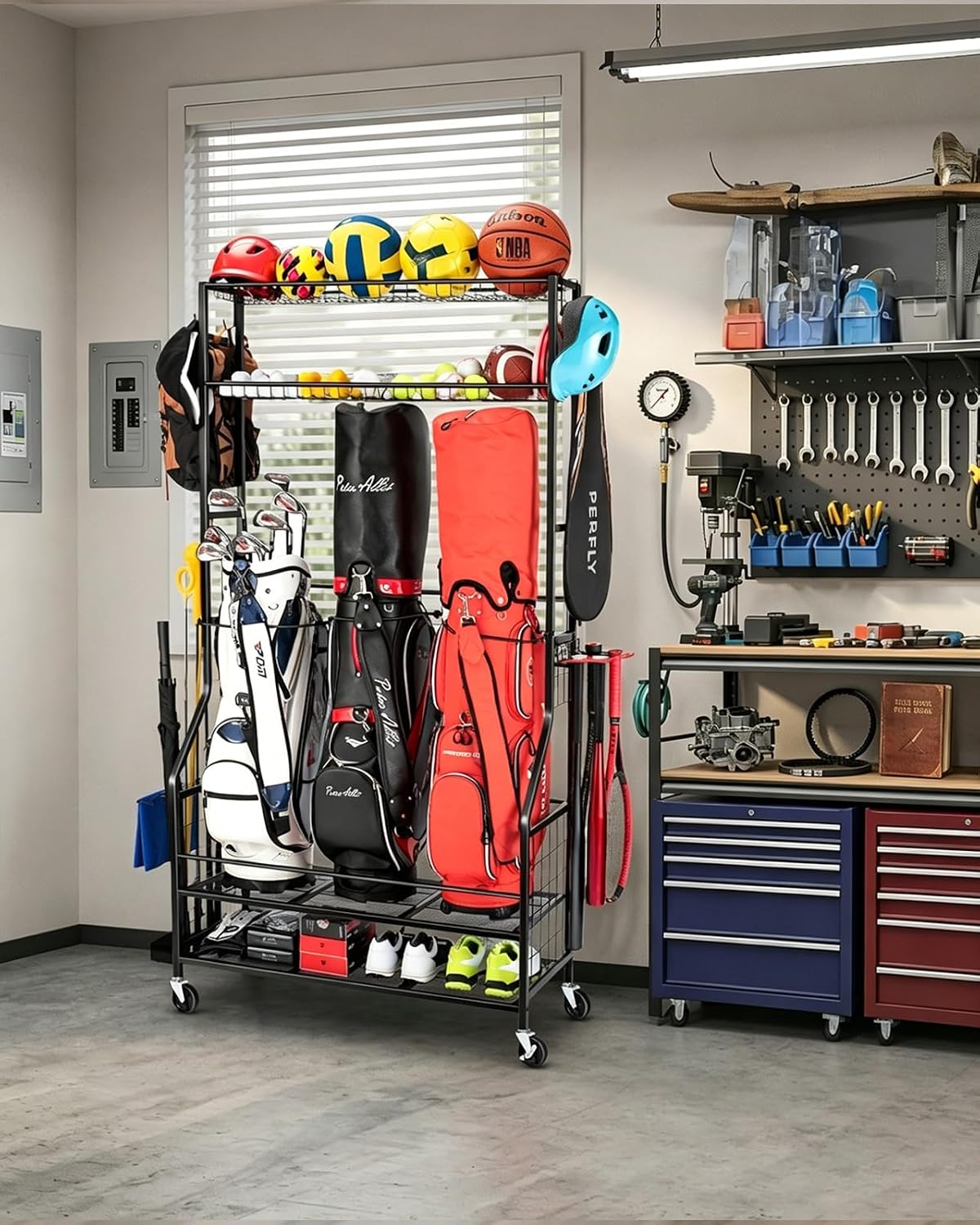FHXZH Golf Bags Storage Garage Organizer - Stand for Single Golf Bags, Clubs, and Equipment Accessories with Wheels