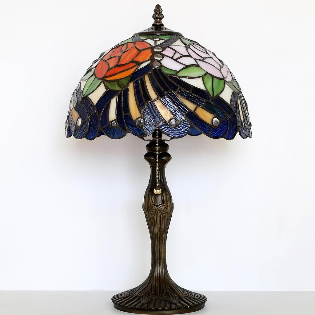 Tiffany Lamp Stained Glass Table Lamp 12' x 19' Pink Red Rose Style Decorative Lamp Bedside Reading Lamp for Desk Living Room Bedroom Office Study Light Home Decor Gift
