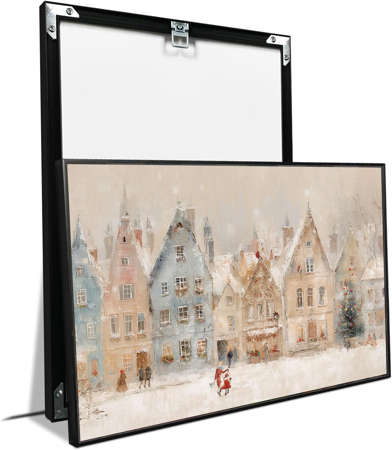 CHAPIAOXIANG Winter village wall art print, European Christmas town oil painting, Christmas illustration, snowy holiday street scene, rural scenery, nursery wall decor 24x36in Metal blackFramed