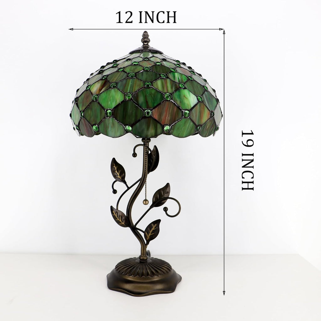 Tiffany Lamp Brownish Green Pearl Style Stained Glass Table Lamp Desk Bedside Reading Light 12X12X19 Inches with Metal Leaf Base