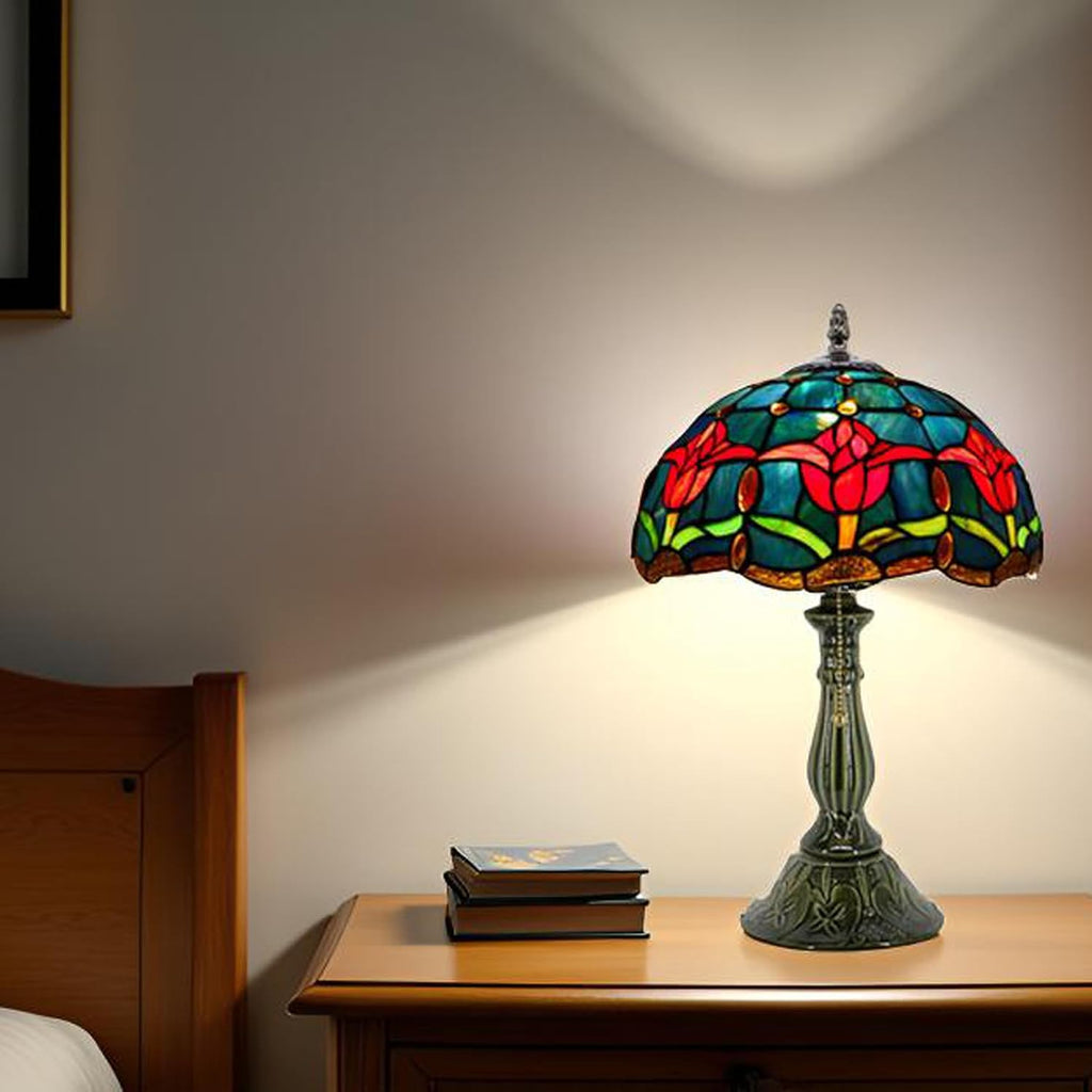Tiffany Lamp Stained Glass Table Lamps Red Blue Tulips Style Desk Lamp 12X12X18.5 Inch Bronze Ceramic Base Reading Light Suitable for Bedside Bedroom Living Room Dining Room Office
