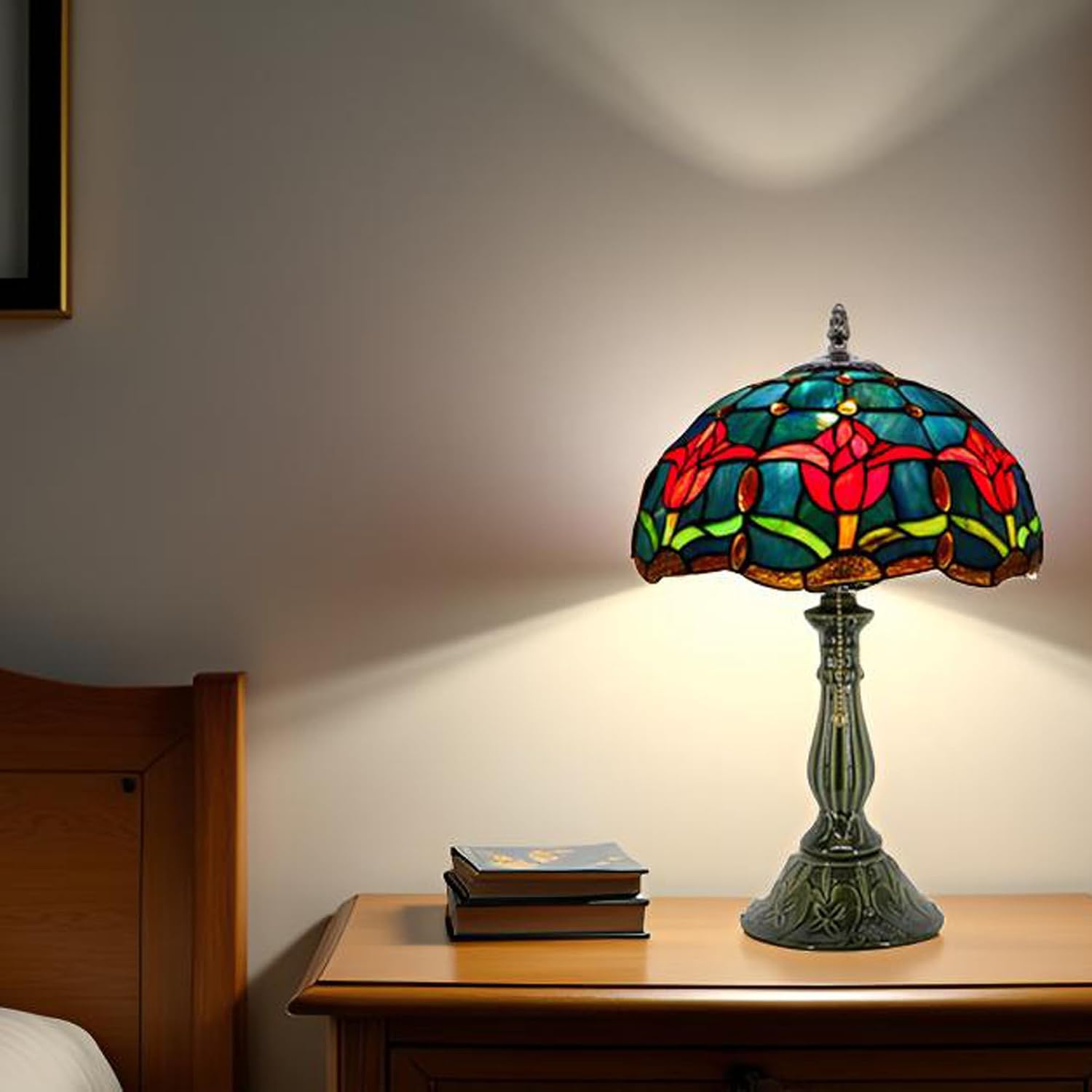 Tiffany Lamp Stained Glass Table Lamps Red Blue Tulips Style Desk Lamp 12X12X18.5 Inch Bronze Ceramic Base Reading Light Suitable for Bedside Bedroom Living Room Dining Room Office