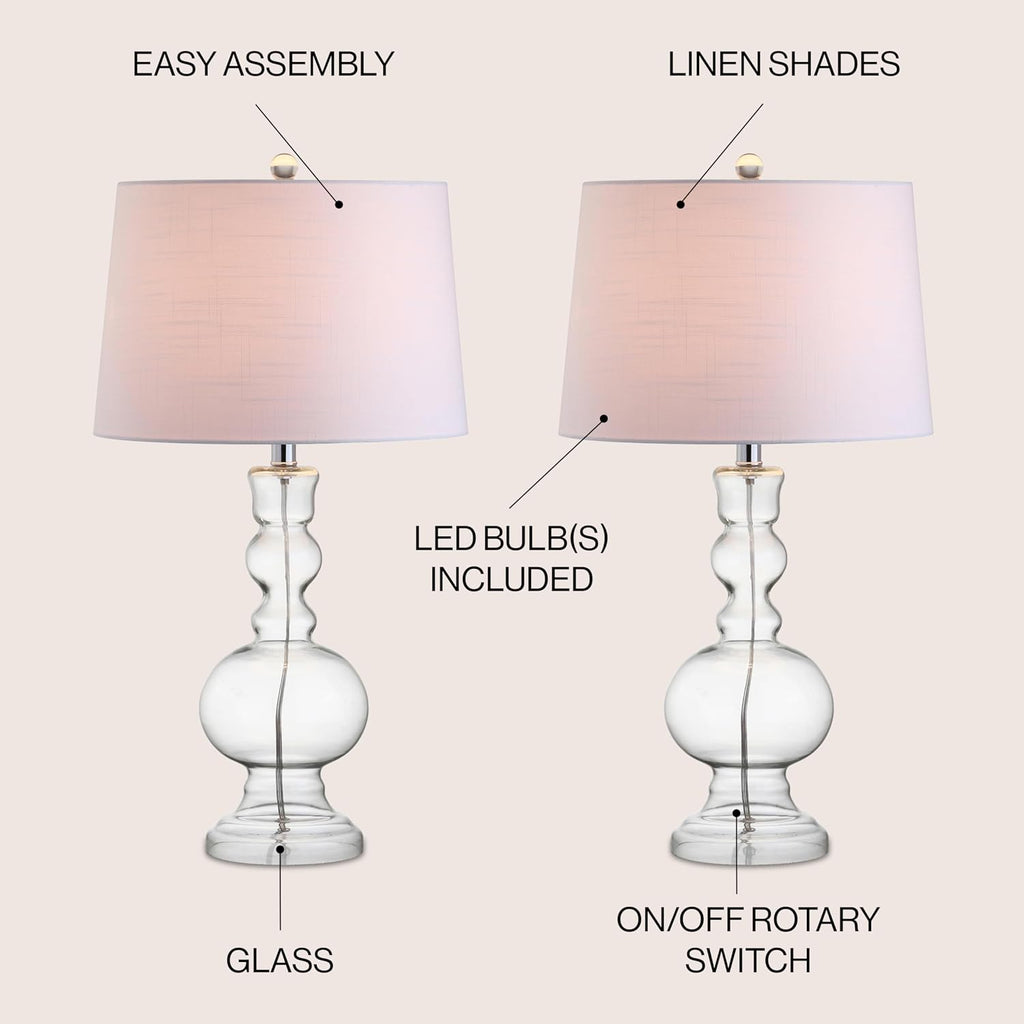 JONATHAN Y 28.5' Clear Glass Table Lamp Set of 2 for Living Room Bedroom Decor, Modern Bedside Lamps with White Linen Shade, LED Bulbs Included (JYL1061B-SET2)