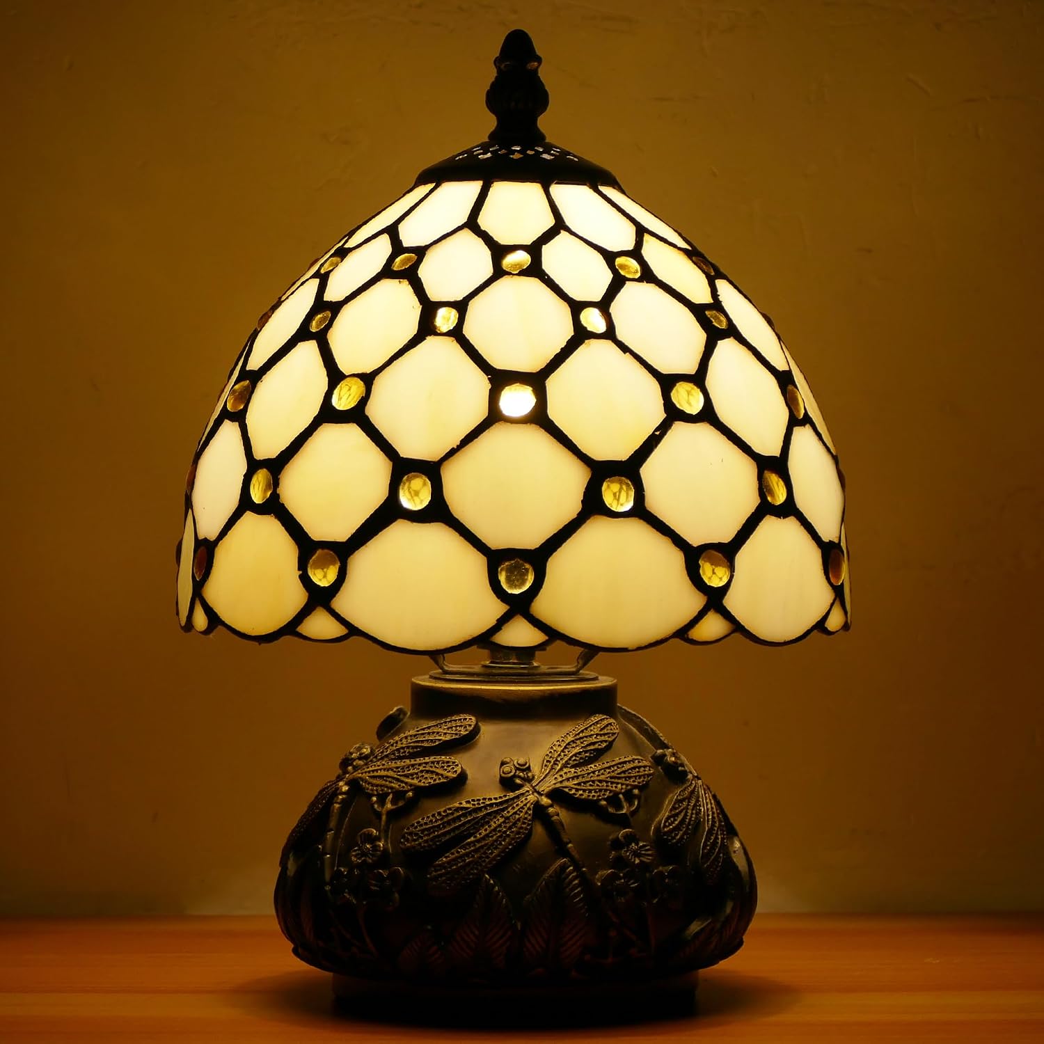 Small Tiffany Lamp Mini Stained Glass Table Lamp Cream Amber Pearl Style Mushroom Memory Sympathy Lamp 8X11 Inch