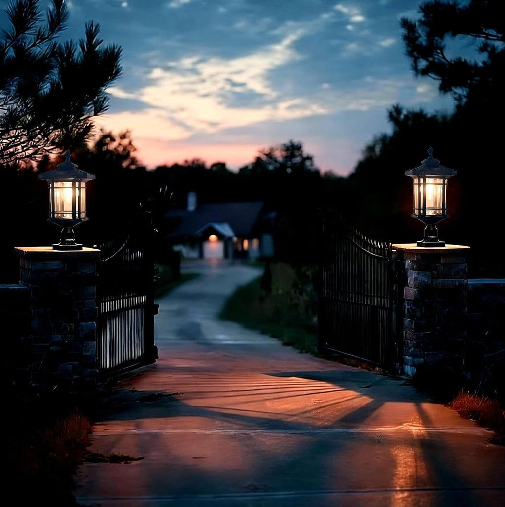 Solar Post Light Outdoor, ST4338Q Dusk to Dawn Post Lamp Solar Powered with Pier Mount Base for Pole Pillar Gates Yard Garden Pathway