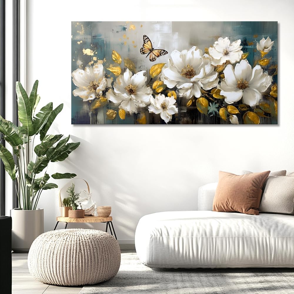 vgrozirh Wall Art Modern Flower Artwork Paintings White Blossom Gold Leaf Butterfly Landscape Picture wall Decor for Living Room Bedroom Kitchen 71'x36'