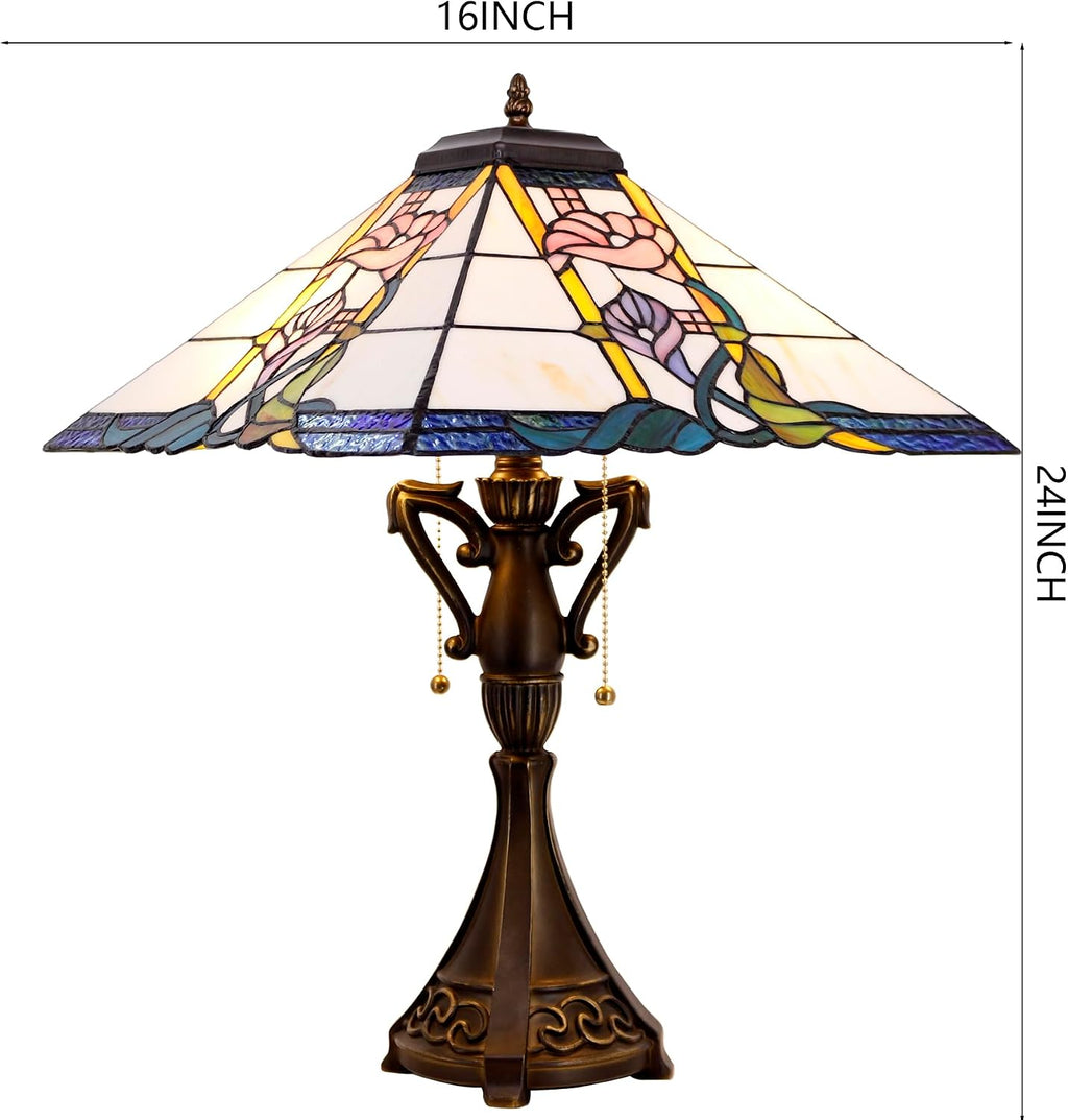 Tiffany Table Lamp Stained Glass Square Pink Flower Mission Style Desk Reading Light 16X16X24 Inch for Bedroom Living Room Home Office