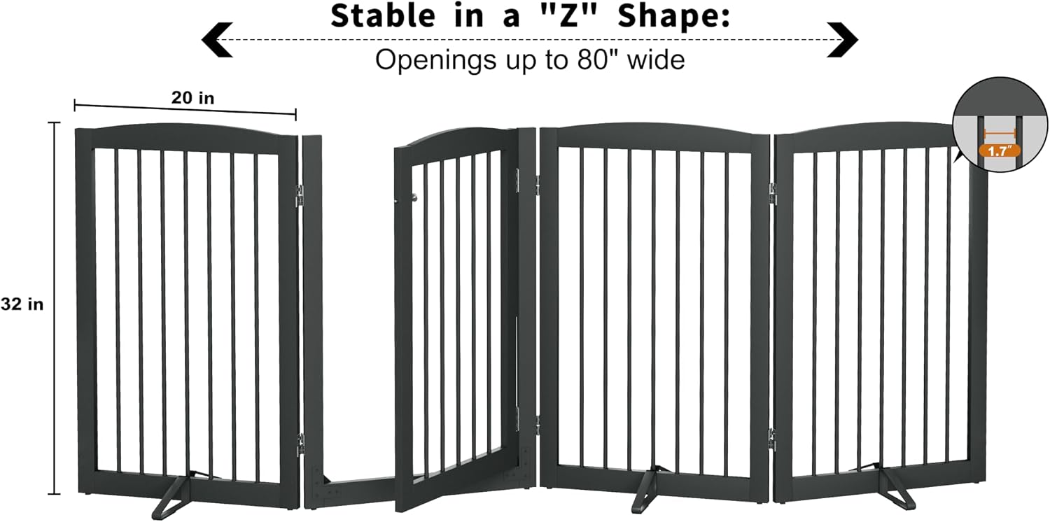 PUPETPO Freestanding Dog Gates with Door Walk Through, Pet Gate for Stairs, 80 inch Wide Gates Indoor, Dog Fences Indoor, Support Feet Included, 4 Panels, 32' Tall, Grey
