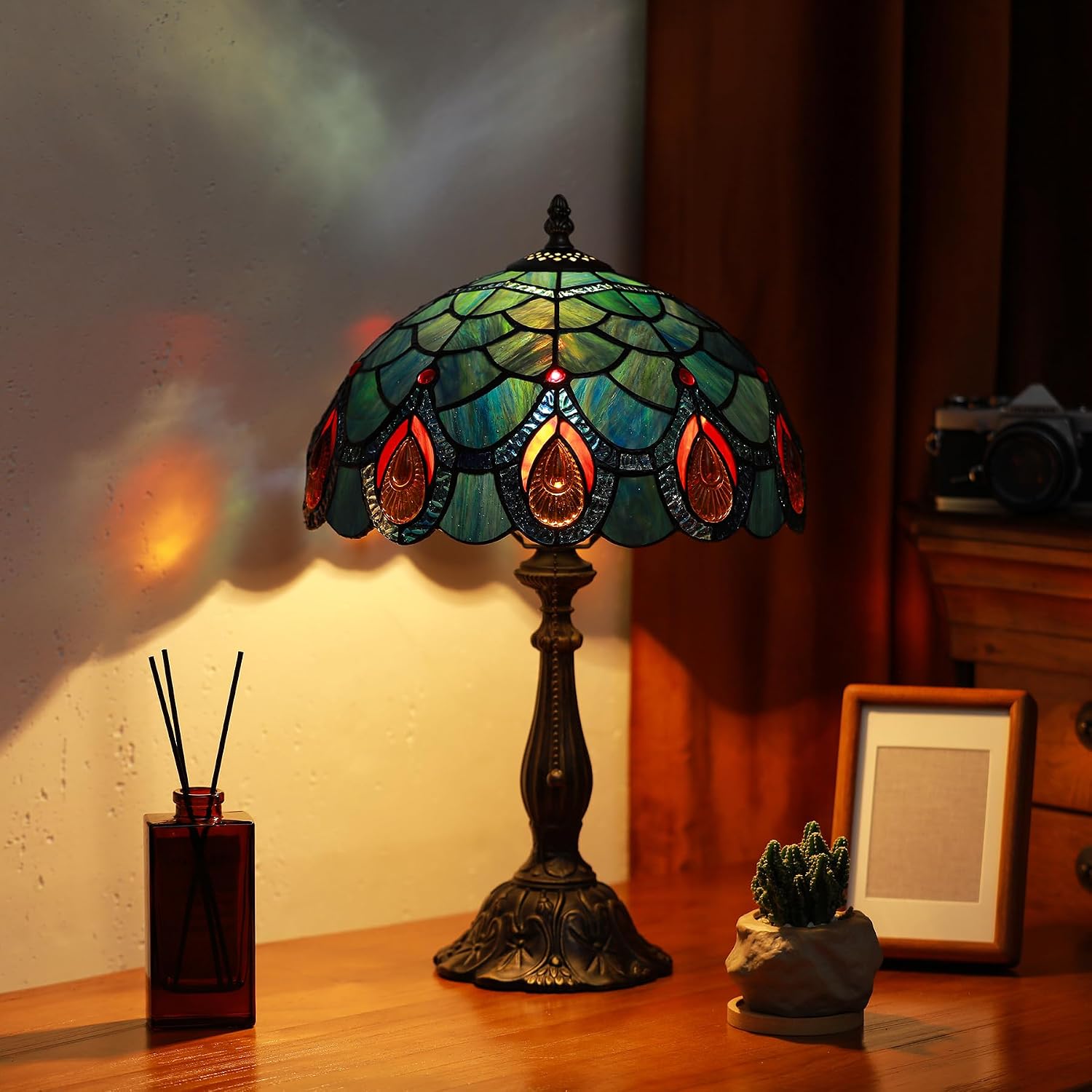 Tiffany Lamps Blue Peacock Tail Style Stained Glass Table Lamp Desk Bedside Reading Light 12X12X18.5 Inches with Bronze Resin Base Applicable to Bedroom Living Room Office