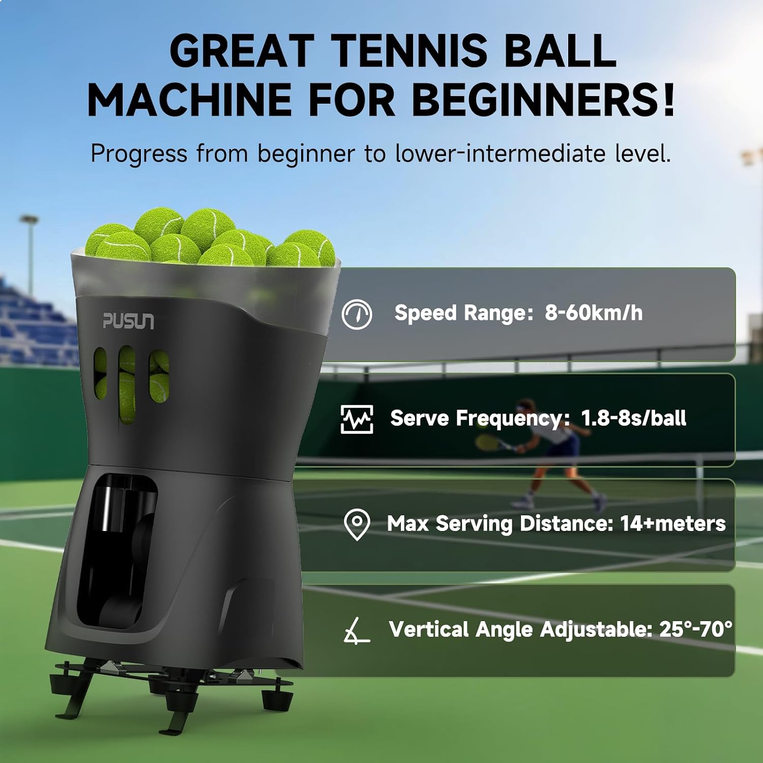 Tennis Ball Machine, PT-Mini Pro Tennis Ball Launcher for Beginner, 65+Ball Capacity, App&Remote Control, 3-5hours Battery Life, Portable Tennis Ball Throwing Equipment Indoor&Outdoor Training