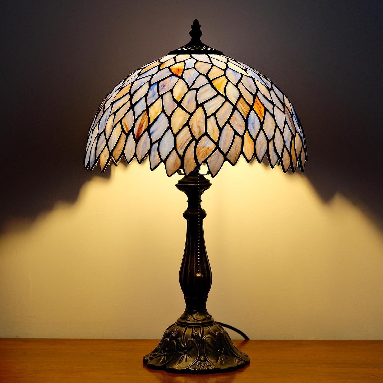 Tiffany Style Table Lamp Vintage Stained Glass Desk Lamp Deep Blue Purple Wisteria Bedside Reading Light Decor Bedroom Living Room Home Office D12 xH18