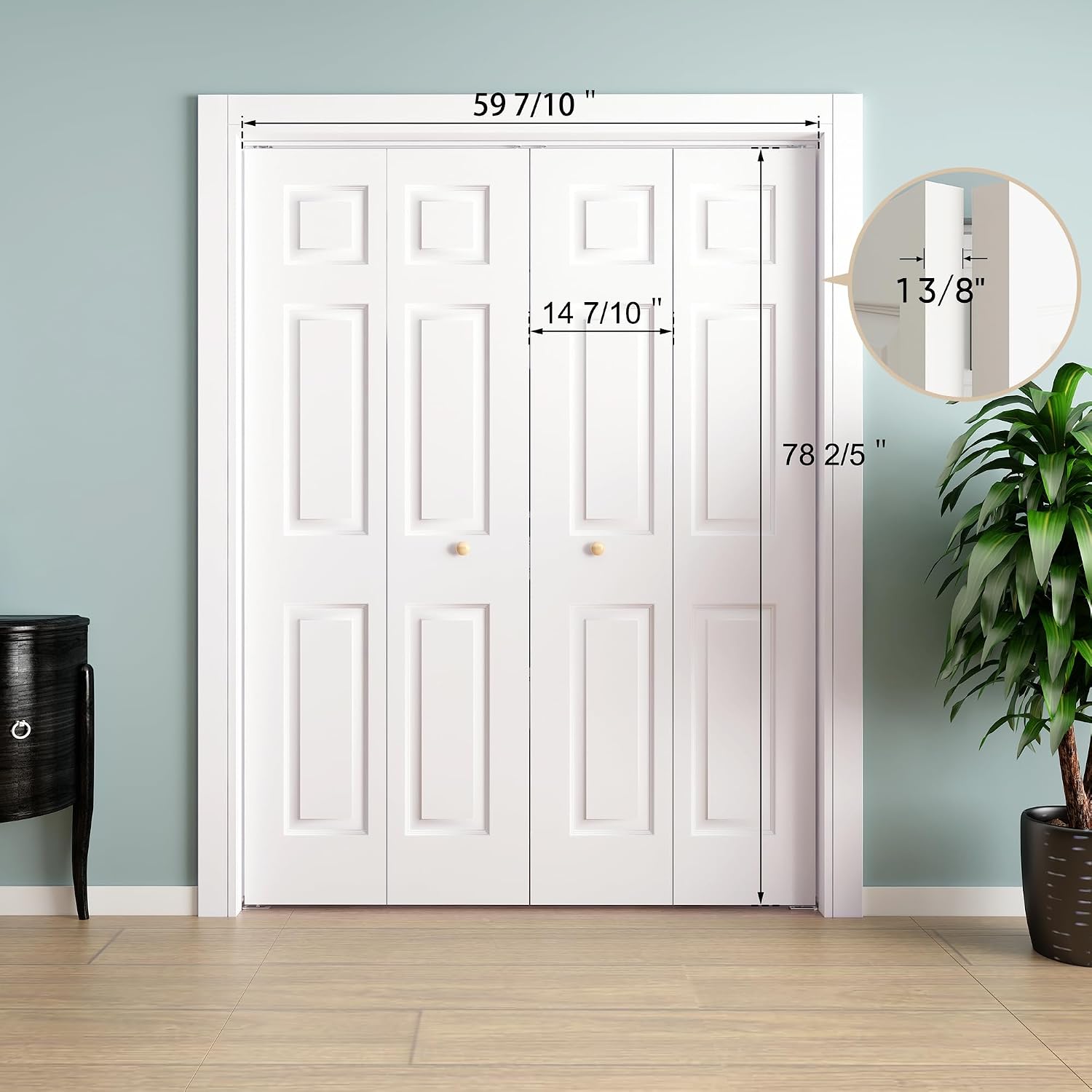 JUBEST Bifold Doors, 6 Panel Primed Bifold Closet Doors for 60'x80' Door Opening, Modern White Hollow Core Bi-Fold Door Slab with Hardware Kit & Knob, Widely Used, Primed