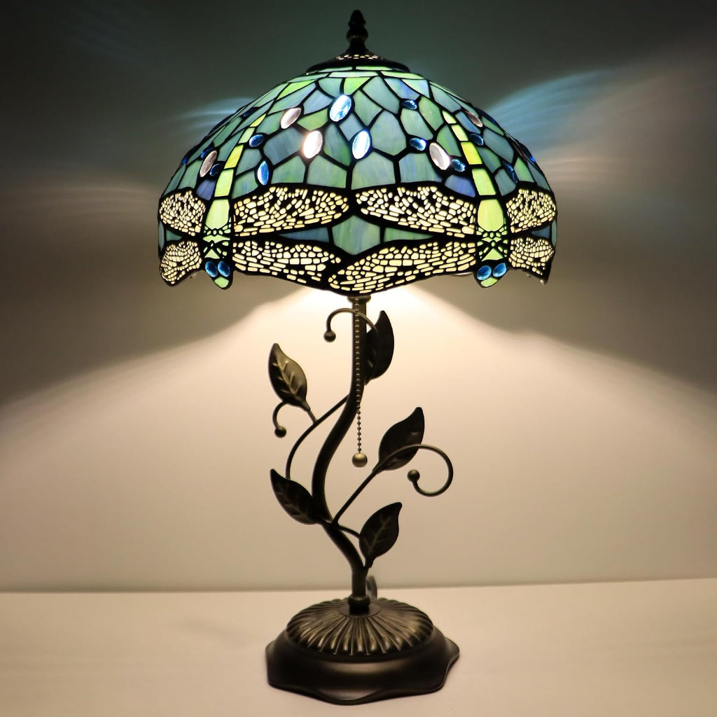 Tiffany Lamp Sea Blue Dragonfly Style Stained Glass Table Lamp Desk Bedside Reading Light 12X12X19 Inches with Metal Leaf Base
