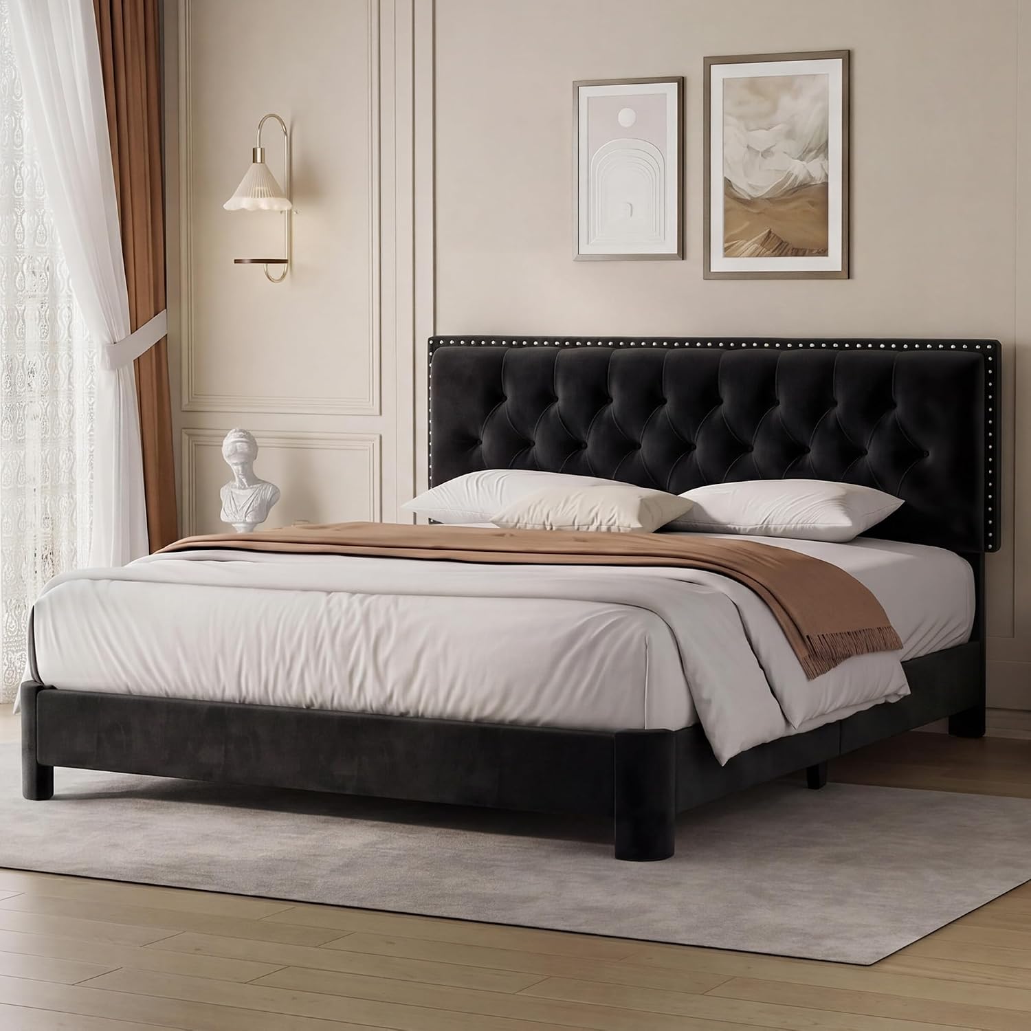 Queen Bed Frame with Headboard, Luxury Velvet Fabric Upholstered Bed frame with Button Tufted Design, Strong Wooden Slats Support - Low & Sturdy, Noise-Free, No Box Spring, Easy Assembly, Black | Plush velvet