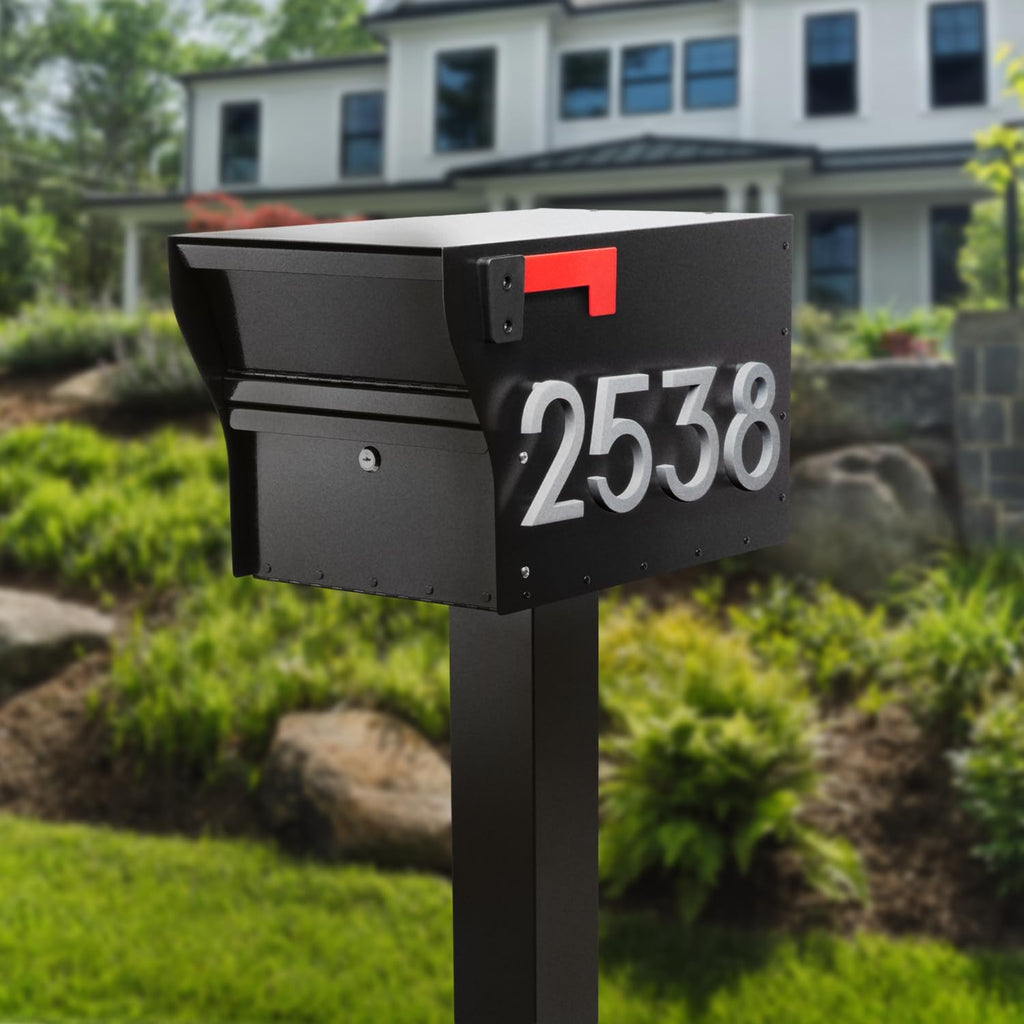 Whitehall MailVault Streetside Locking Mailbox with Standard Post and Personalizable Stand-Off Numbers – Steel, Secure Weather Resistant Modern Square Mailbox & Post (Black/Silver)