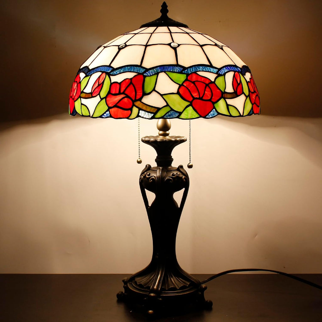 Tiffany Lamp(2 Lights) Stained Glass Table Lamp Bedside Desk Reading Light 16X16X24 Inch Decor Bedroom Living Room Home Office (Red Rose)
