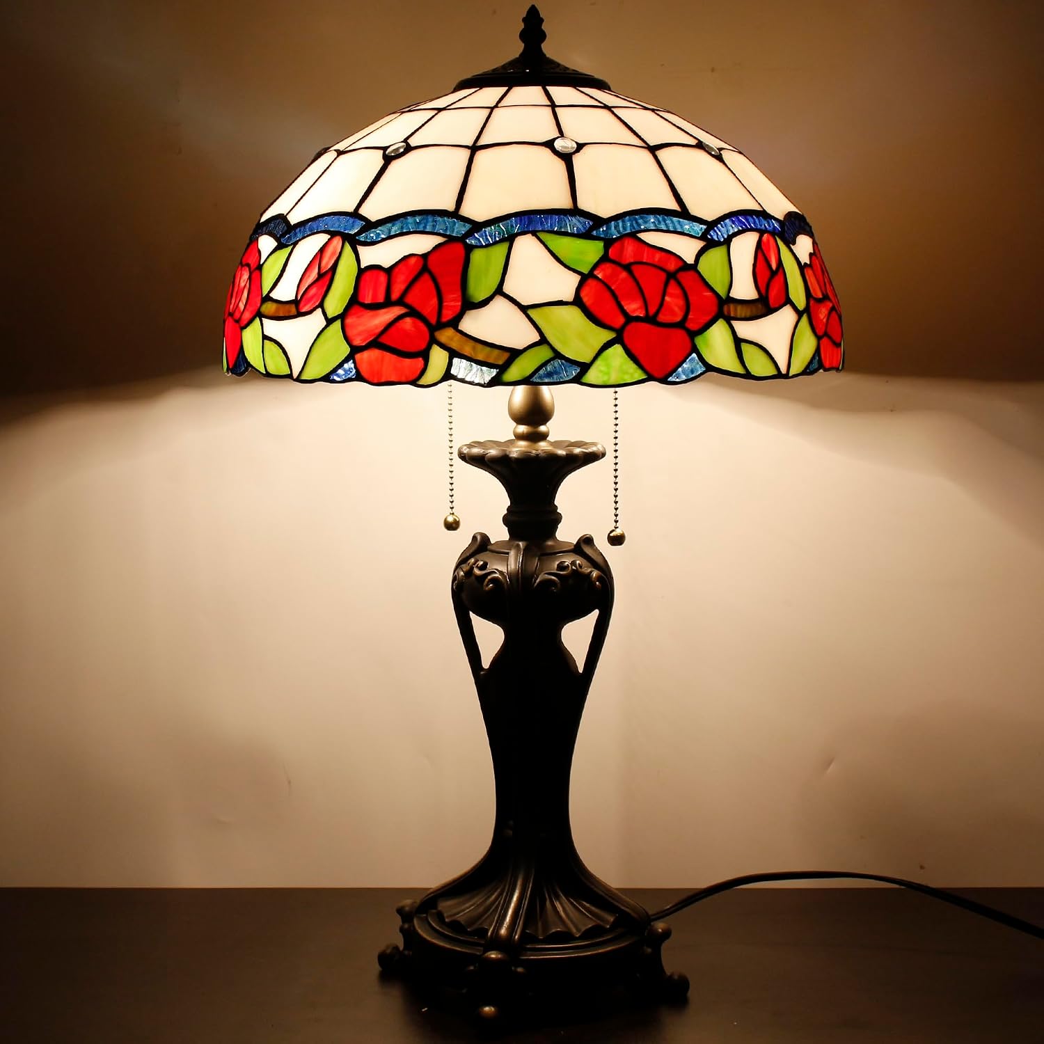 Tiffany Lamp(2 Lights) Stained Glass Table Lamp Bedside Desk Reading Light 16X16X24 Inch Decor Bedroom Living Room Home Office (Red Rose)