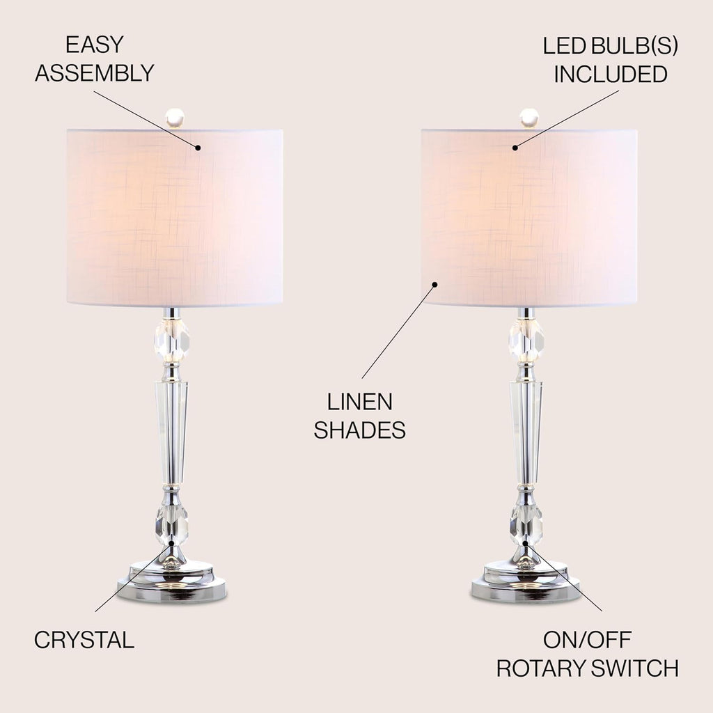 JONATHAN Y 27' Clear Crystal LED Table Lamp Set of 2, Modern Glam Candlestick Bedside Lamps for Living Room Bedroom, Chrome, White Linen Drum Shade, LED Bulbs Included JYL2047A-SET2