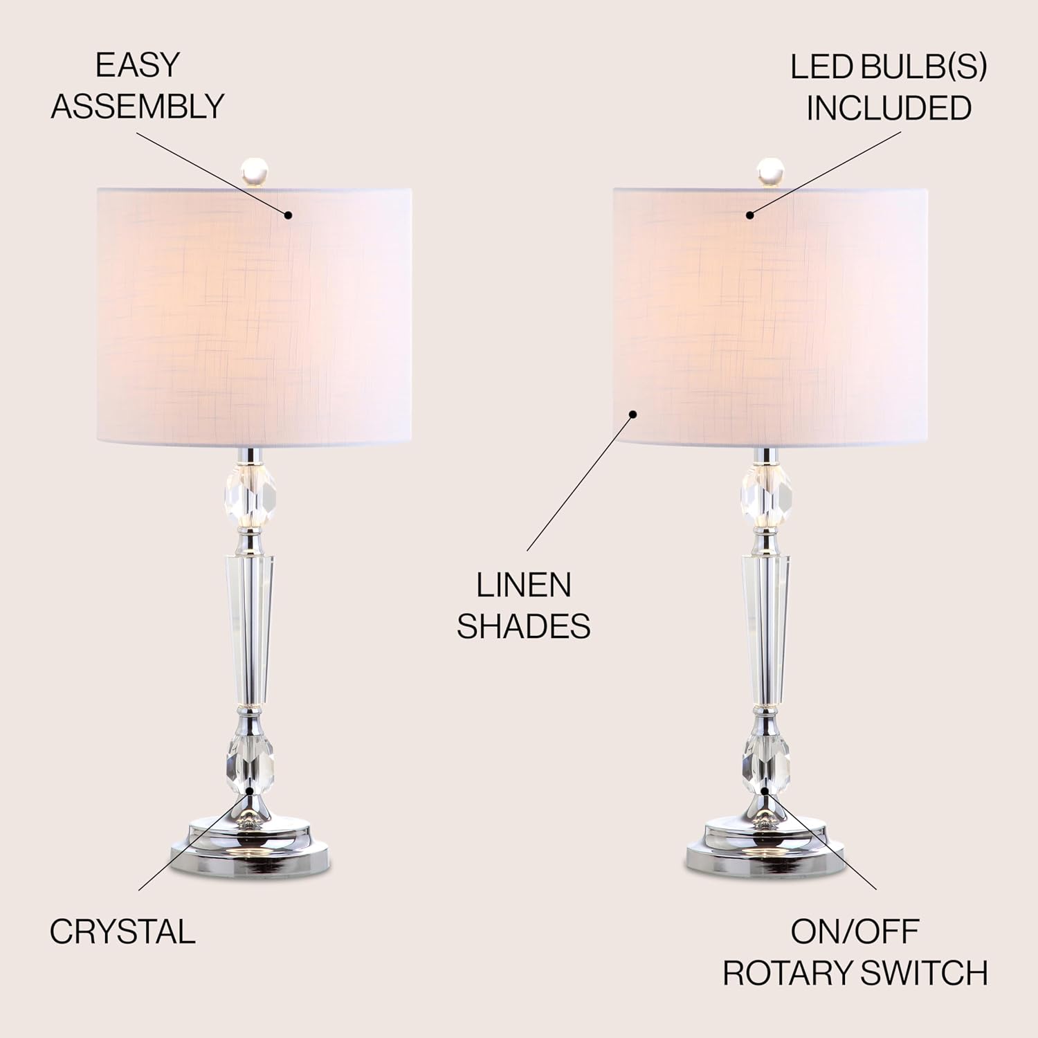 JONATHAN Y 27' Clear Crystal LED Table Lamp Set of 2, Modern Glam Candlestick Bedside Lamps for Living Room Bedroom, Chrome, White Linen Drum Shade, LED Bulbs Included JYL2047A-SET2