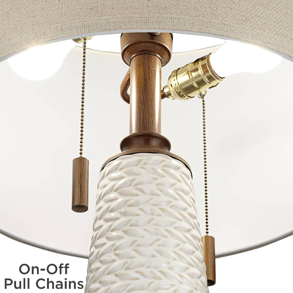 Possini Euro Design Kingston Mid Century Modern Table Lamp 32 3/4' Tall White Grooved Patterned Ceramic Taupe Drum Shade for Bedroom Living Room House Bedside Nightstand Home Office Entryway Family