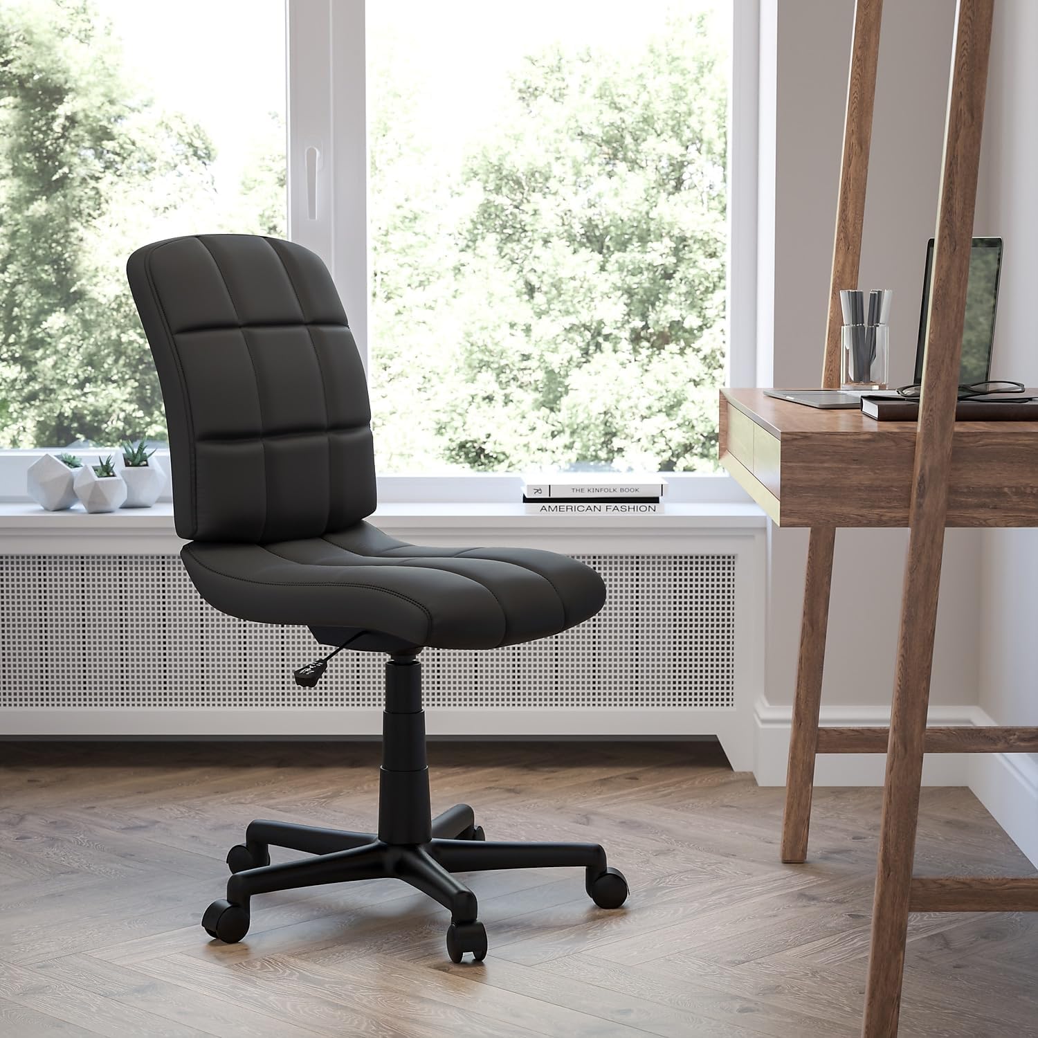 Flash Furniture Clayton Mid-Back Tufted Vinyl Upholstered Swivel Desk Chair with Padded Seat, Modern Adjustable Height Padded Office Chair, Black