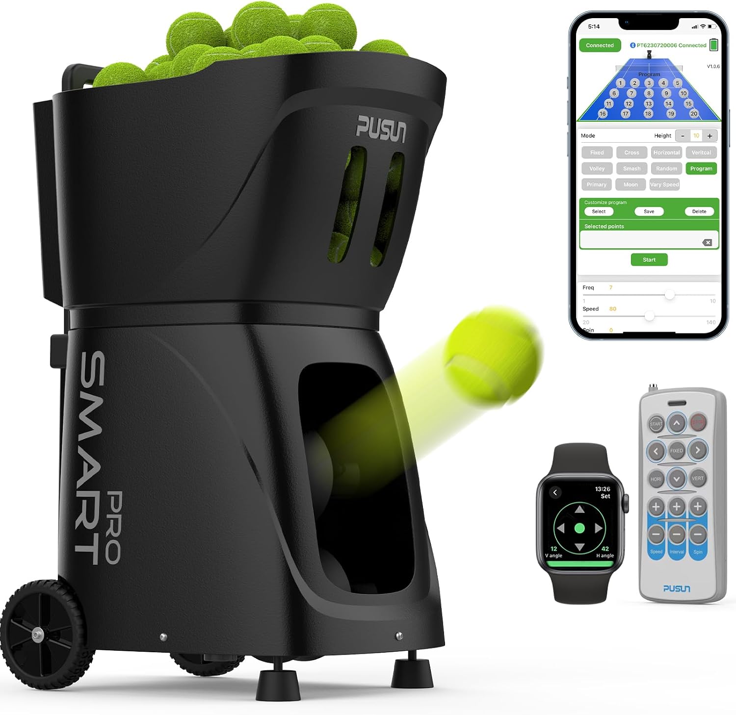 PT-SAMRT PRO-Internal Spin Tennis Ball Machine - Smart App Control - 100+ Ball Capacity - Professional Training Equipment - Realistic Ball Trajectory Simulation - 4-6 Hour Battery Life