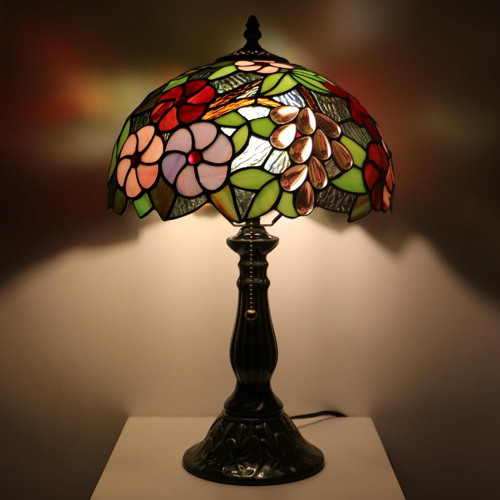 Tiffany Lamp Stained Glass Table Lamps Amber Grape Style Desk Lamp 12X12X18.5 Inch Bronze Ceramic Base Reading Light Suitable for Bedside Bedroom Living Room Dining Room Office