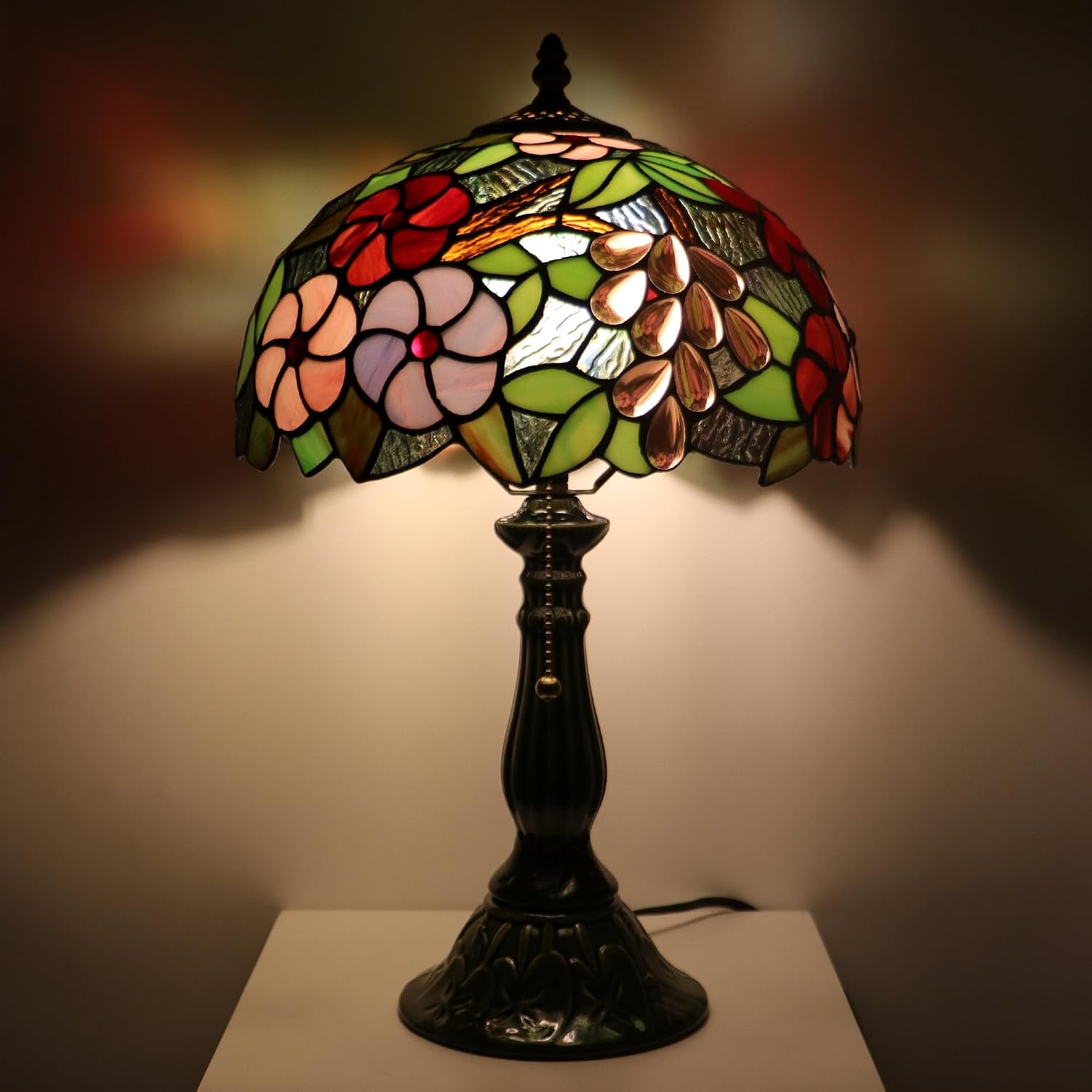 Tiffany Lamp Stained Glass Table Lamps Amber Grape Style Desk Lamp 12X12X18.5 Inch Bronze Ceramic Base Reading Light Suitable for Bedside Bedroom Living Room Dining Room Office