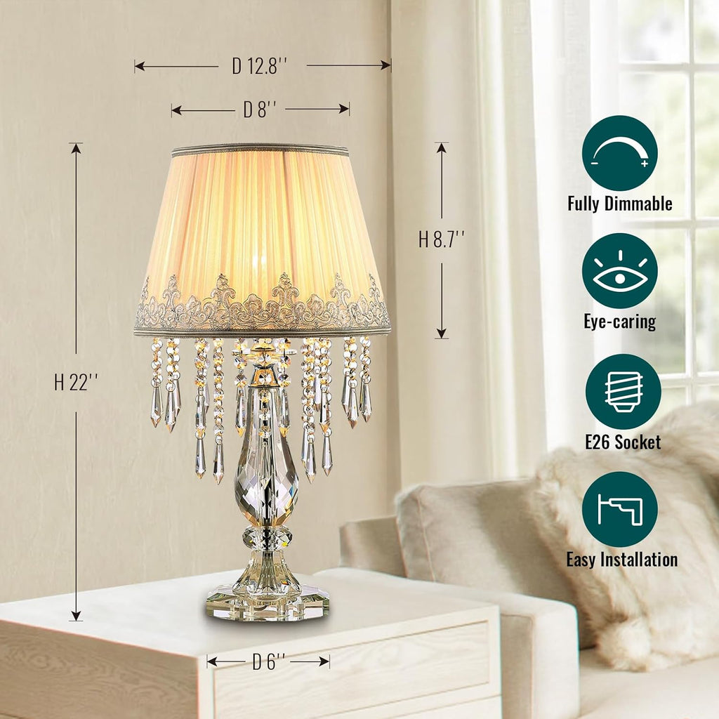 Siljoy Crystal Table Lamp Set of 2, Dimmable Bedside Lamp with Fabric Shades, Farmhouse Nightstand Lamps with K9 Crystal Strands for Living Room Bedroom 22.8 High