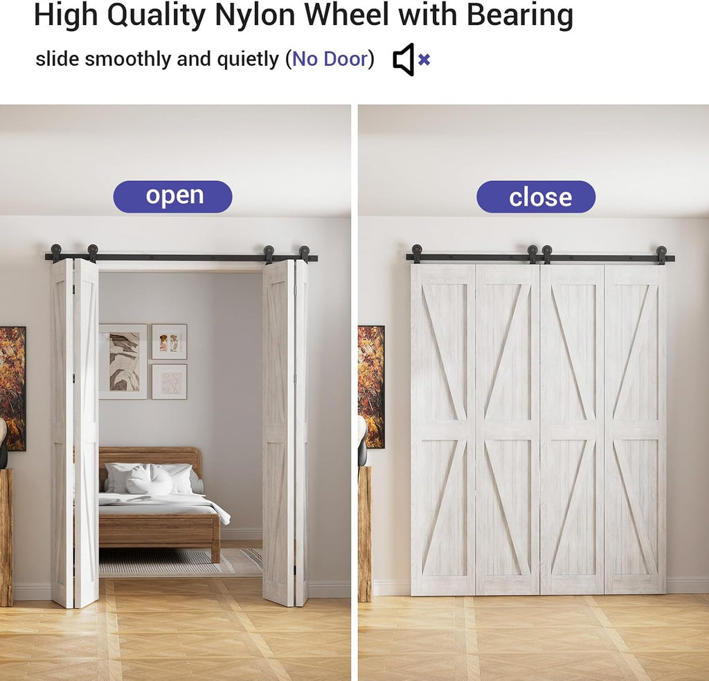 CCJH 48' Bi-Folding Sliding Barn Door Hardware Kit for 4 Doors,Slide Smoothly Quietly,Black Track Top Mount Roller,No Door