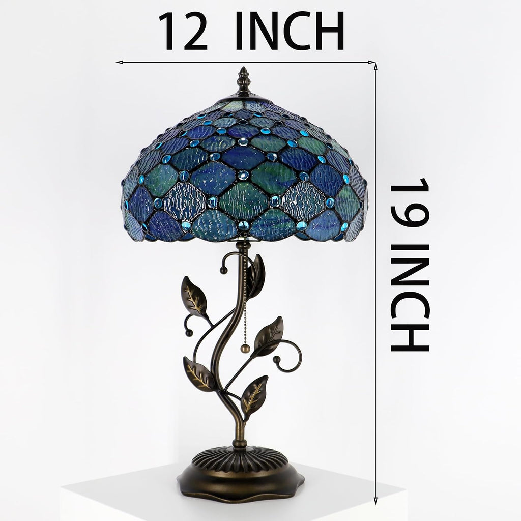 Tiffany Lamp Sea Blue Water Ripple Style Stained Glass Table Lamp Desk Bedside Reading Light 12X12X19 Inches with Metal Leaf Base