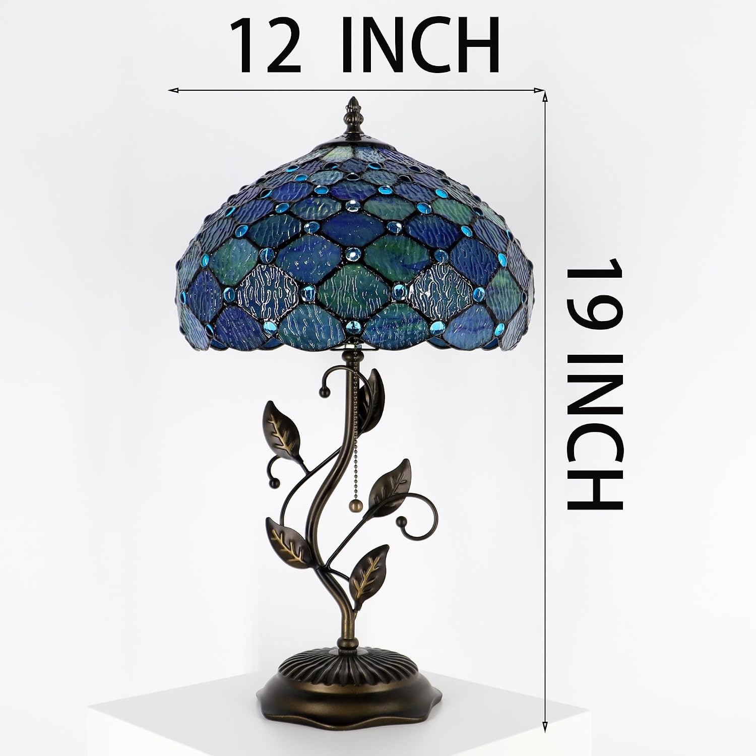 Tiffany Lamp Sea Blue Water Ripple Style Stained Glass Table Lamp Desk Bedside Reading Light 12X12X19 Inches with Metal Leaf Base