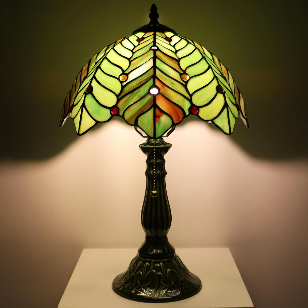 Tiffany Lamp Stained Glass Table Lamps Brown Green Coconut Leaves Style Desk Lamp 12X12X18.5 Inch Bronze Ceramic Base Reading Light Suitable for Bedside Bedroom Living Room Dining Room Office