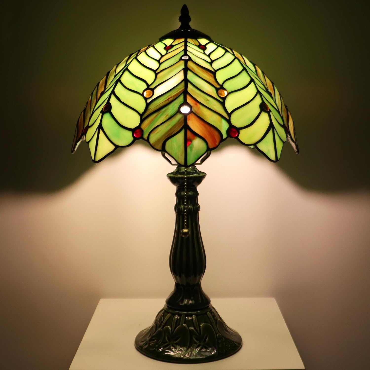 Tiffany Lamp Stained Glass Table Lamps Brown Green Coconut Leaves Style Desk Lamp 12X12X18.5 Inch Bronze Ceramic Base Reading Light Suitable for Bedside Bedroom Living Room Dining Room Office