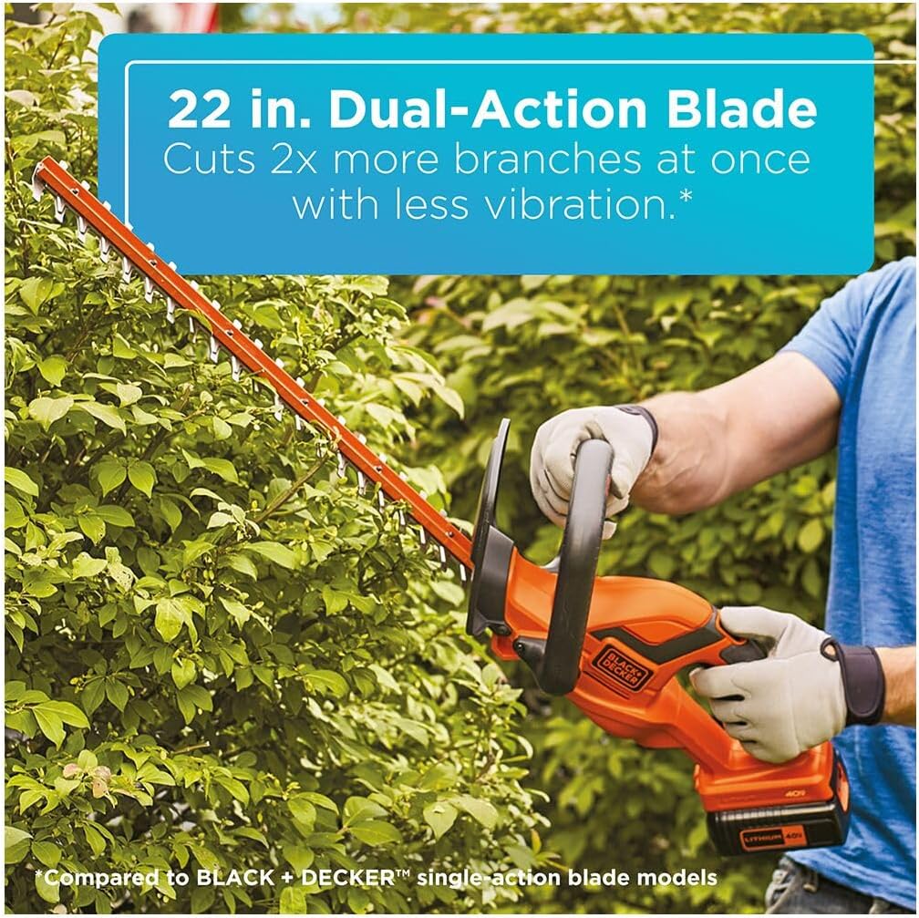 BLACK+DECKER 40V MAX Hedge Trimmer, 22' Blade Length, Powerful Motor with Reduced Vibrations, Sharp Blades for 3/4' Thick Cuts, Battery and Charger Included (LHT2240C)