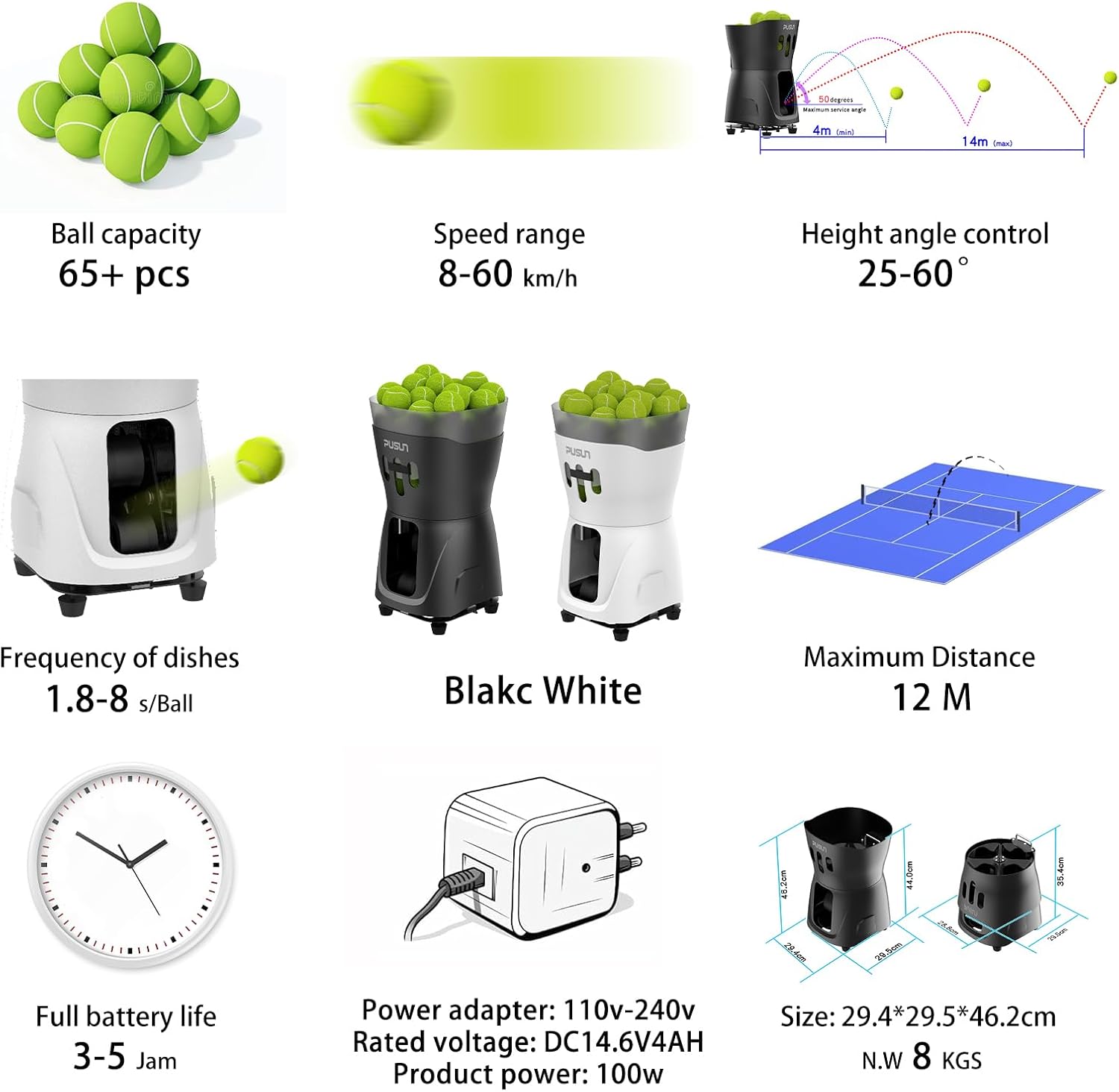 PT Mini Pro Tennis Machine - Portable Smart Trainer for Beginners, 65+ Ball Capacity, 3-5H Battery Life, Adjustable Ball Speed & Angle, APP & Remote Control