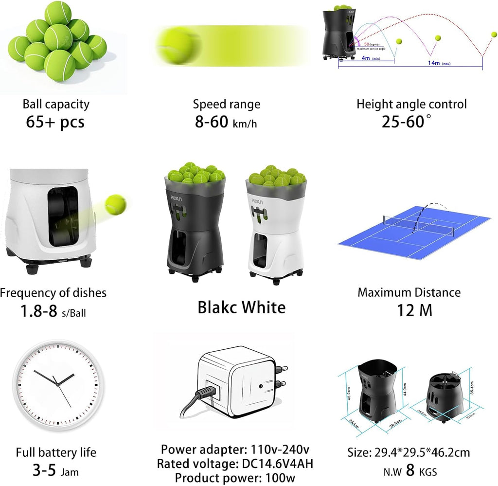 PT Mini Pro Tennis Machine - Portable Smart Trainer for Beginners, 65+ Ball Capacity, 3-5H Battery Life, Adjustable Ball Speed & Angle, APP & Remote Control