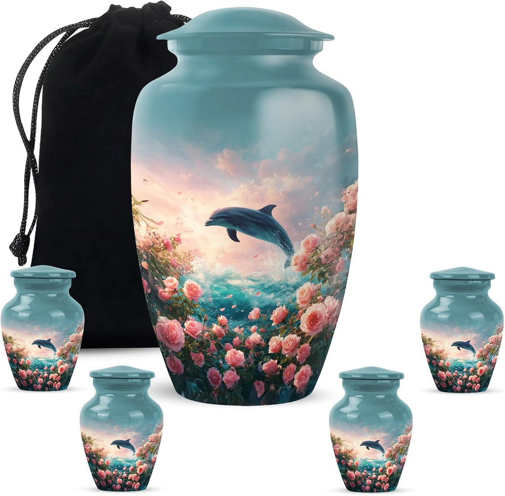 Dolphin Urns for Human Ashes Adult Male - Funeral Cremation Urns for Ashes Adult - Sunset Keepsake Memorial Urn - Blue Decorative Burial Ash Holder for Male & Female, Set of 5-10 Inch, 3 Inch