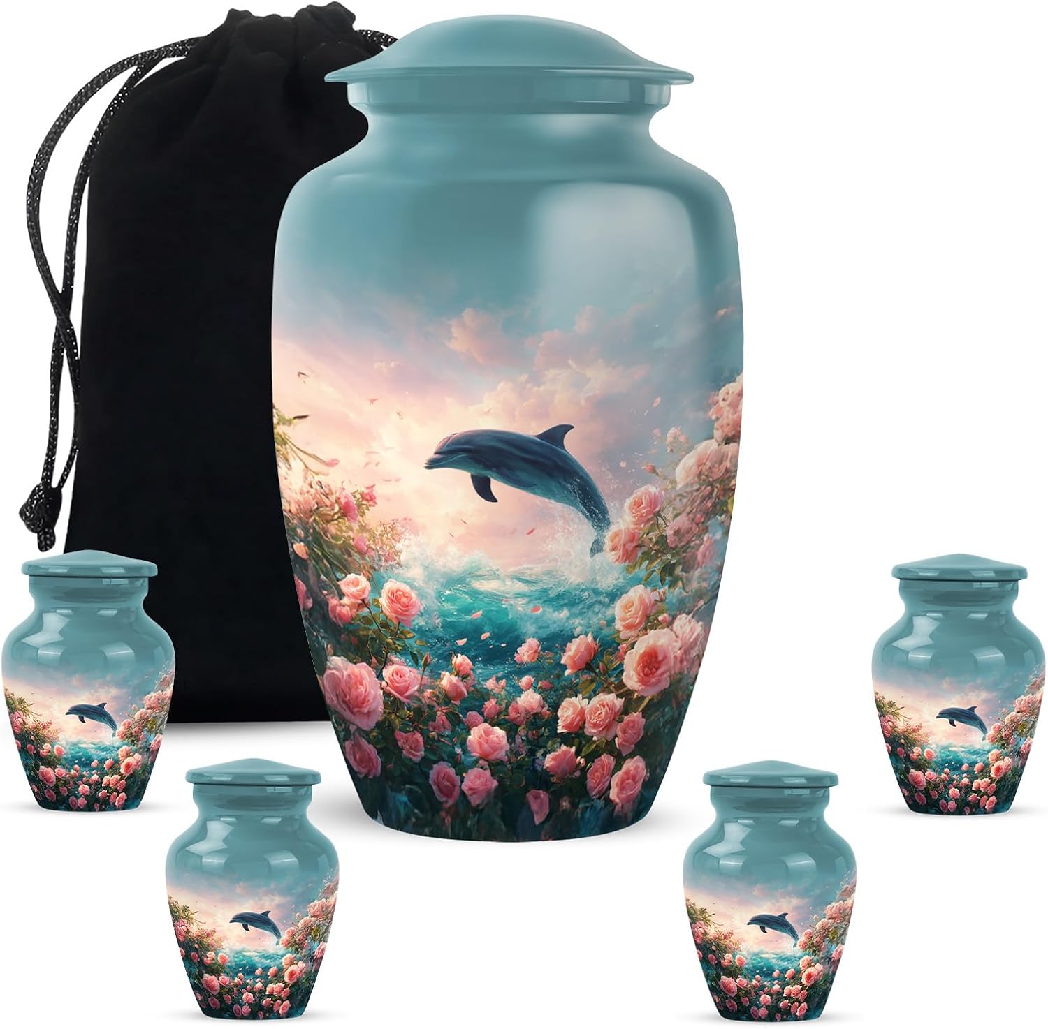 Dolphin Urns for Human Ashes Adult Male - Funeral Cremation Urns for Ashes Adult - Sunset Keepsake Memorial Urn - Blue Decorative Burial Ash Holder for Male & Female, Set of 5-10 Inch, 3 Inch