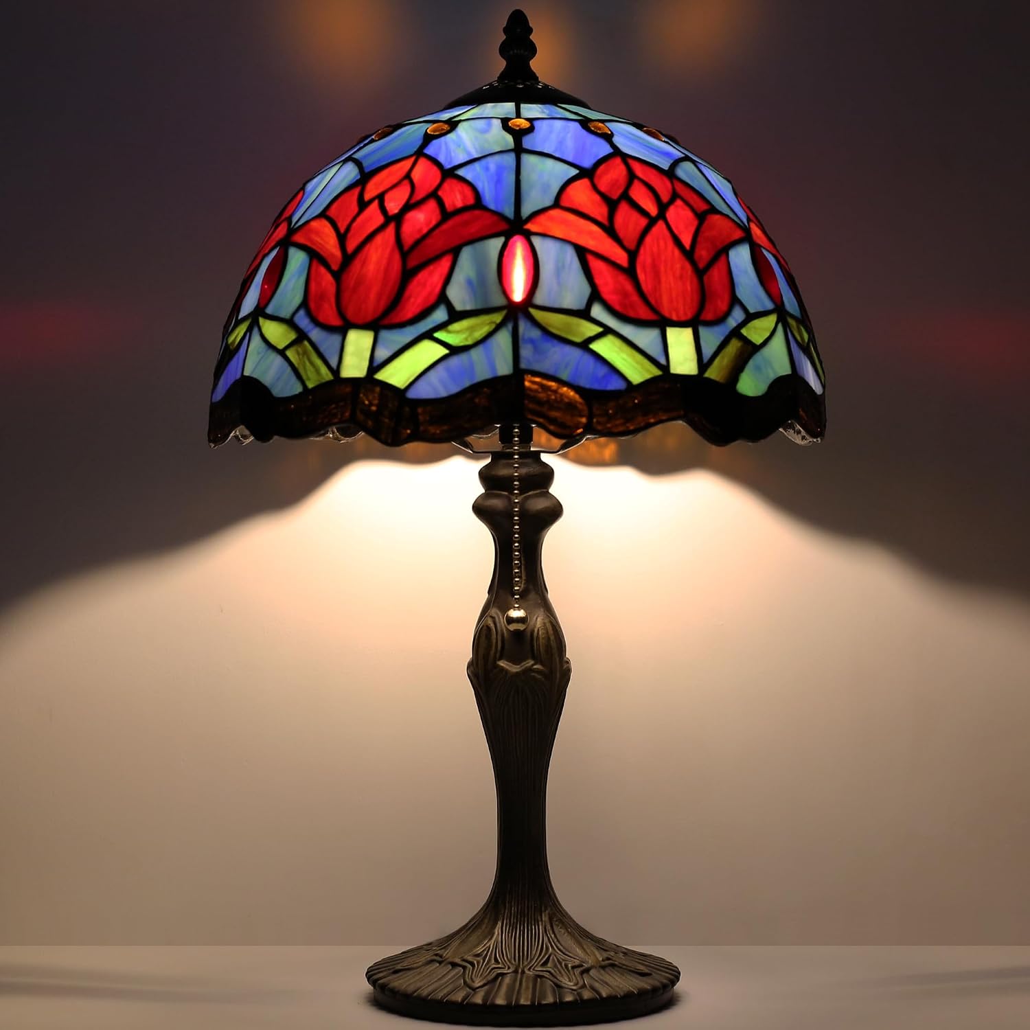 Tiffany Lamp Stained Glass Table Lamp 12' x 19' Red Tulips Style Bedside Reading Lamp Decorative Lamp for Desk Living Room Bedroom Office Study Light Home Decor Gift