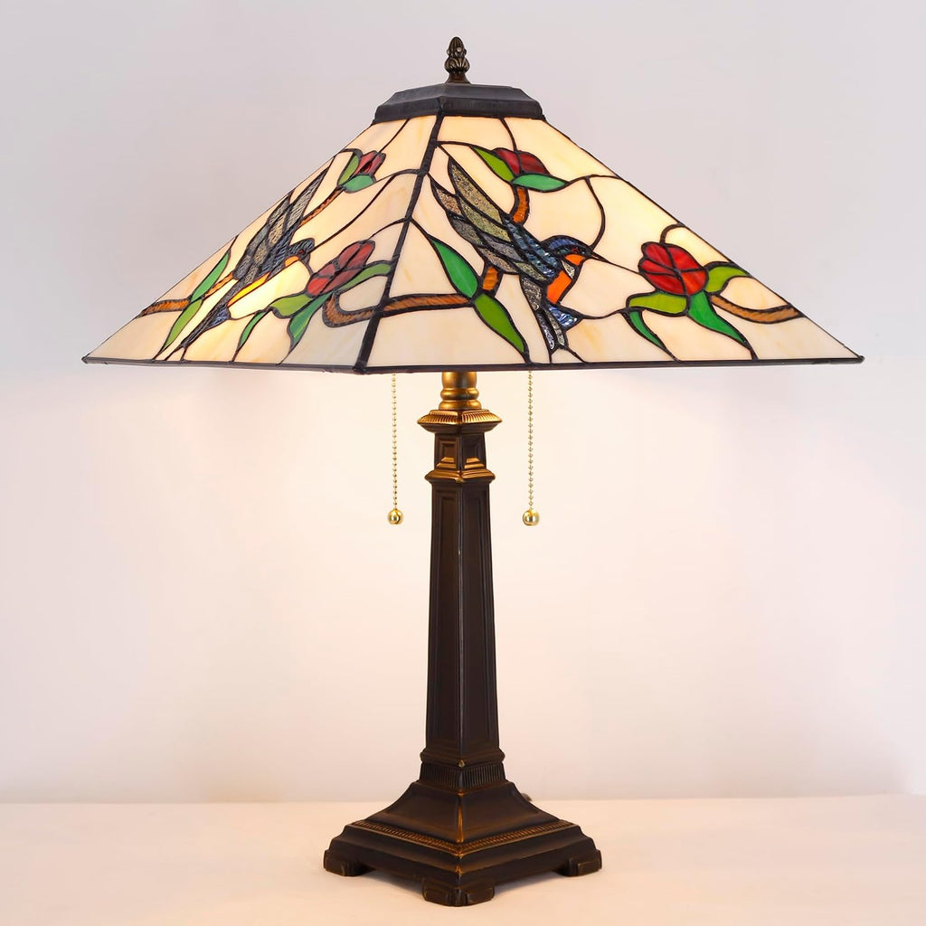 Tiffany Table Lamp Amber Hummingbird Mission Style Stained Glass 16X16X23 Inches Desk Reading Light for Bedrooms Living Room Study Home Office