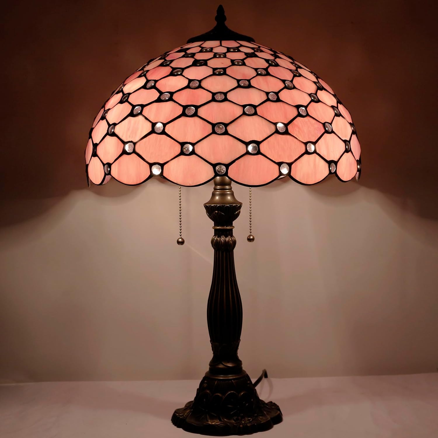 WERFACTORY Tiffany Table Lamp Stained Glass Bedside Lamp 16X16X24 Inches Pink Pearl Bead Desk Reading Light Resin Base Decor Bedroom Living Room Home Office S005P Series (Pink Bead)