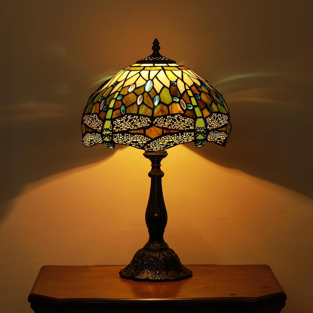 Tiffany Lamps White Brown Dragonfly Style Stained Glass Table Lamp Desk Bedside Reading Light 12X12X18.5 Inches with Bronze Resin Base Applicable to Bedroom Living Room Office