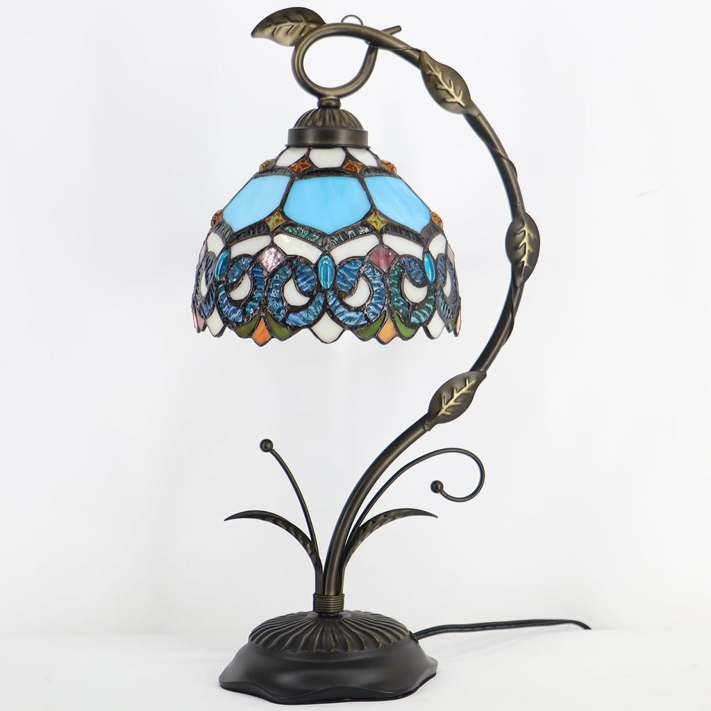 Tiffany Table Lamp, Stained Glass Desk Reading Light, 8X10X19 Inches, Metal Leaf Base (Sapphire Style)