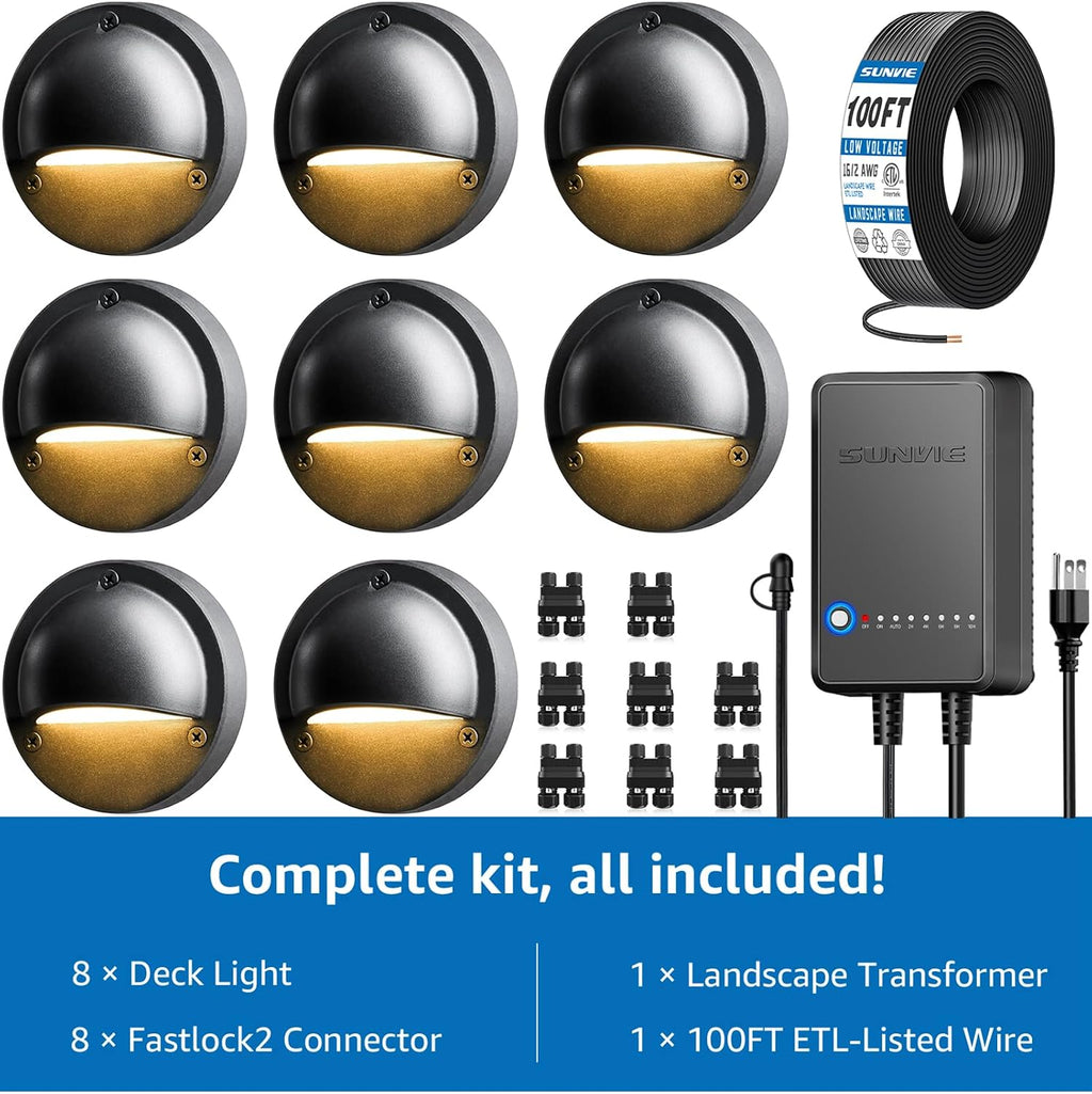 SUNVIE All-in-One Low Voltage Deck Lights Kit, 8 Pack 5W Low Voltage Landscape Lighting with 60W Transformer 100FT Wire and Connectors, 3000K 12-24V AC/DC LED Deck Step Lights for Fence Post Patio