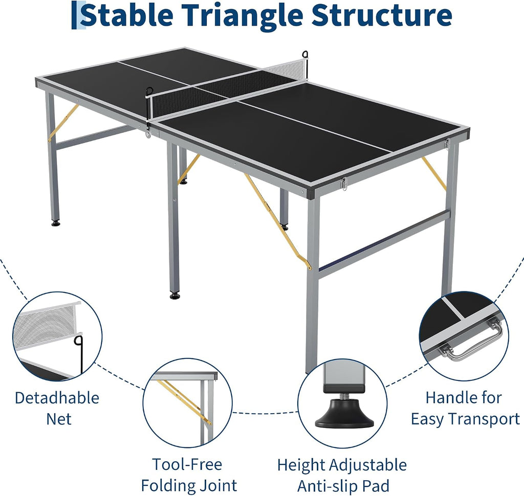 GarveeLife Professional Outdoor Table Tennis Tables,6x3FT Indoor/Outdoor Portable Ping Pong Table Game with Net for Adults/Teens,2 Table Tennis Paddles and 3 Balls