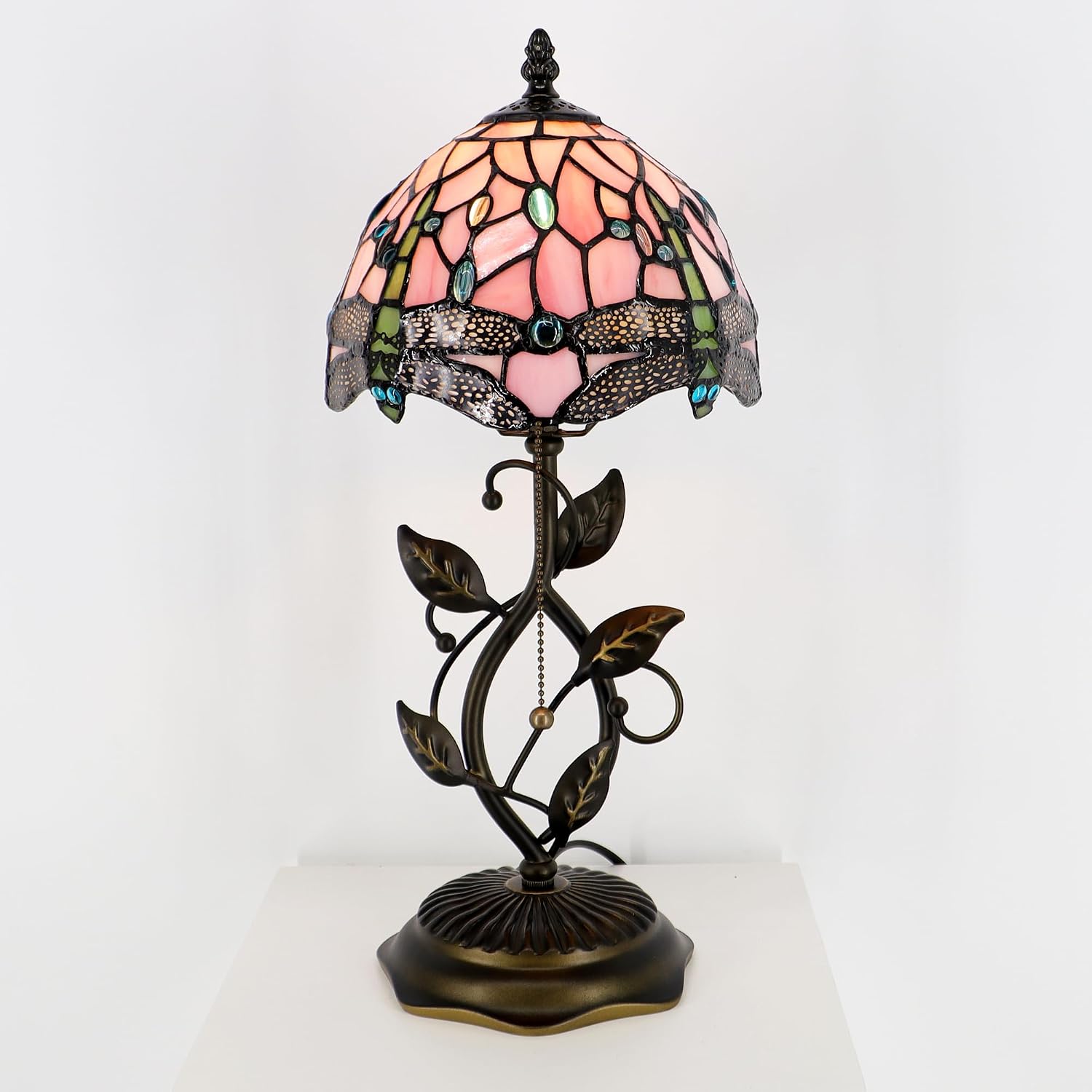 Small Tiffany Lamp Pink Dragonfly Style Stained Glass Table Lamps Desk Bedside Reading Light 8X8X18 Inches with Bronze Metal Leaf Resin Base