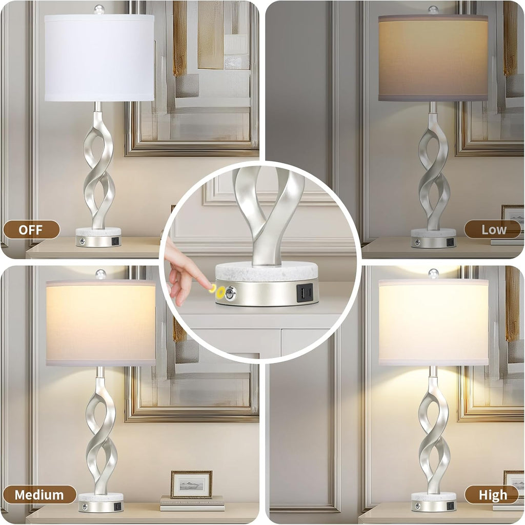 Cinyirong Silver Table Lamps Set of 2 for Living Room, 30' Tall Touch Control Bedside Lamps for Bedroom Nightstand, 3-Way Dimmable Modern Sculptural Table Lamp with USB A+C Ports and 2 LED Bulbs