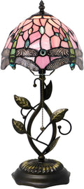 Small Tiffany Lamp Pink Dragonfly Style Stained Glass Table Lamps Desk Bedside Reading Light 8X8X18 Inches with Bronze Metal Leaf Resin Base